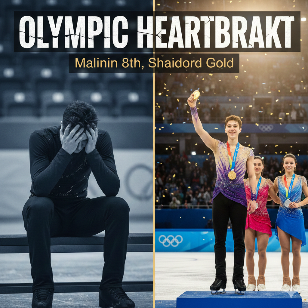 untuk kebutuhan website berita, buatkan gambar thumbnail dari judul ini : Olympic Heartbreak: Ilia Malinin Finishes 8th as Mikhail Shaidorov Claims Figure Skating Gold