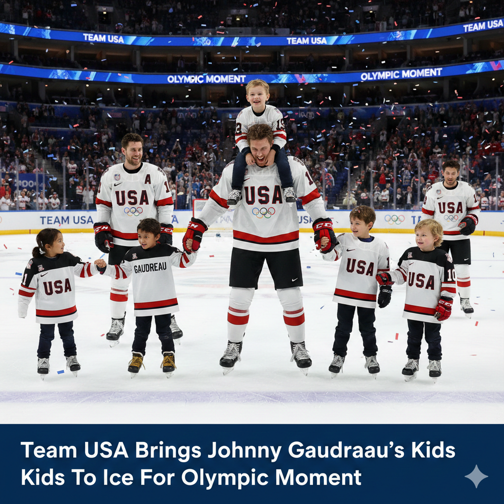 untuk kebutuhan website berita, buatkan gambar thumbnail dari judul ini : Team USA brings Johnny Gaudreau's kids to ice for Olympic moment