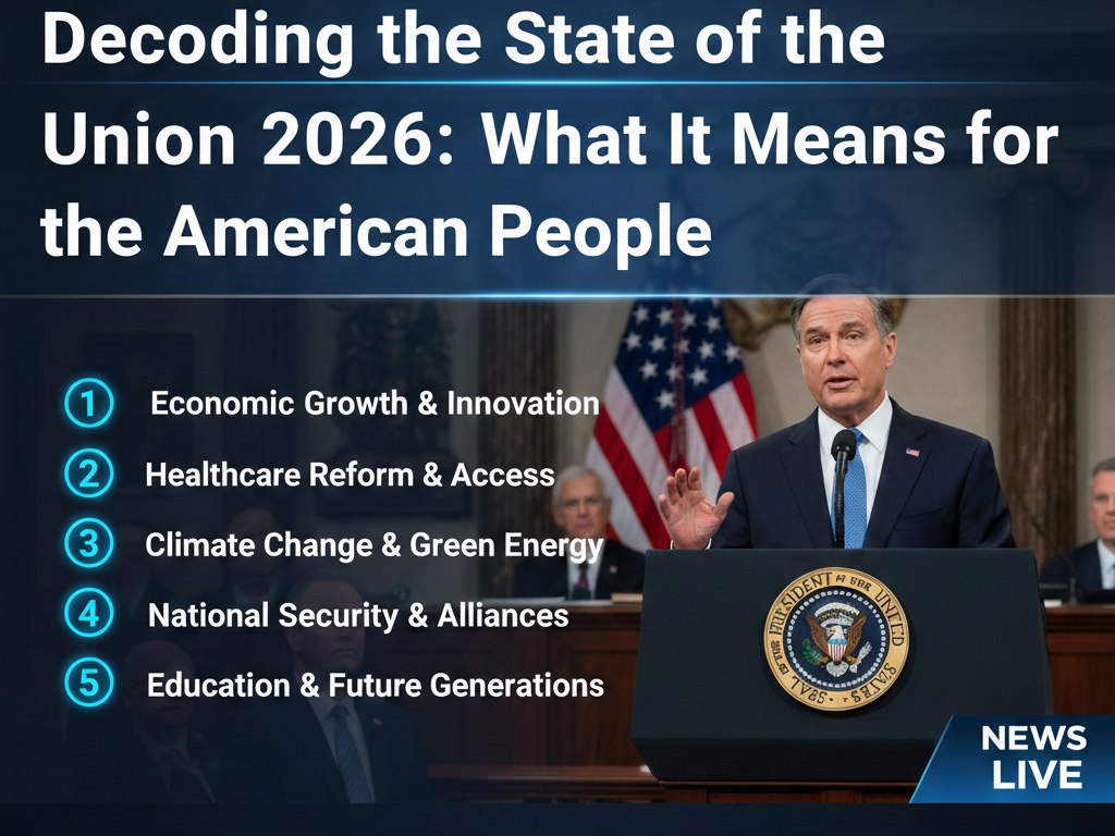Buatkan gambar thumbnail berita landscape rasio 16:9 dengan judul : Decoding the State of the Union 2026: What It Means for the American People
