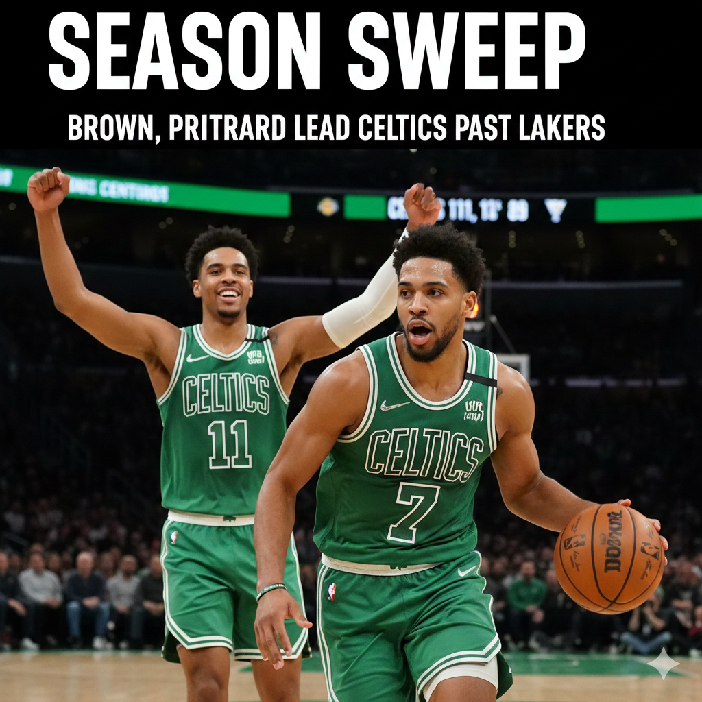 Jaylen Brown, Payton Pritchard lead Celtics past Lakers 111-89 for a season sweep of this rivalry