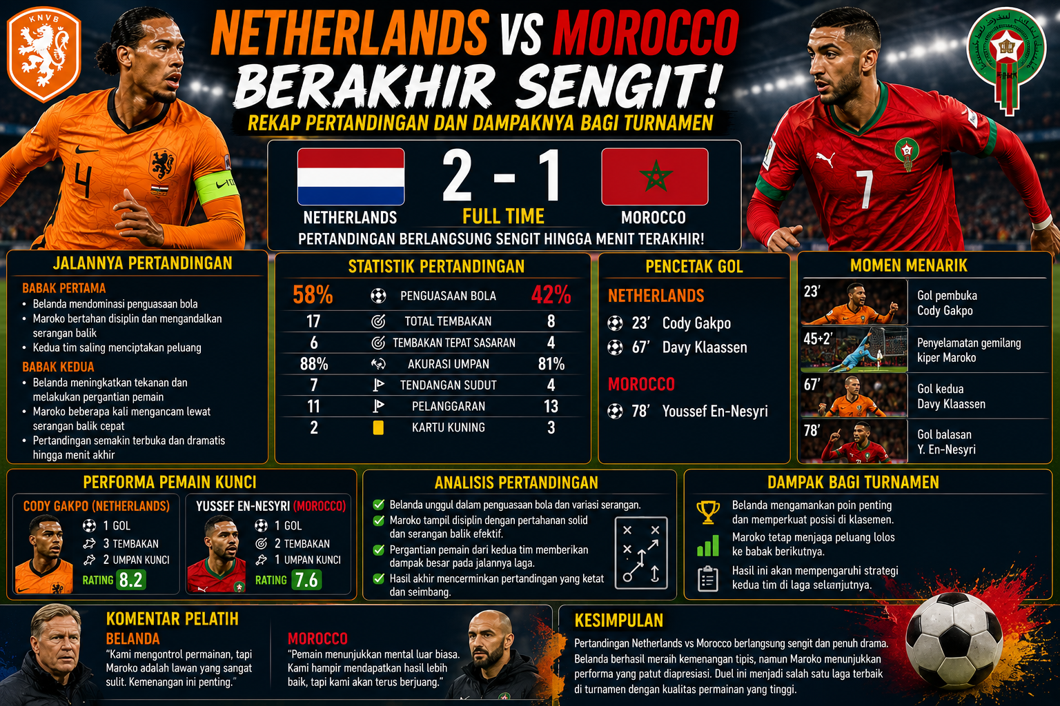 Netherlands vs Morocco Berakhir Sengit! Rekap Pertandingan dan Dampaknya bagi Turnamen