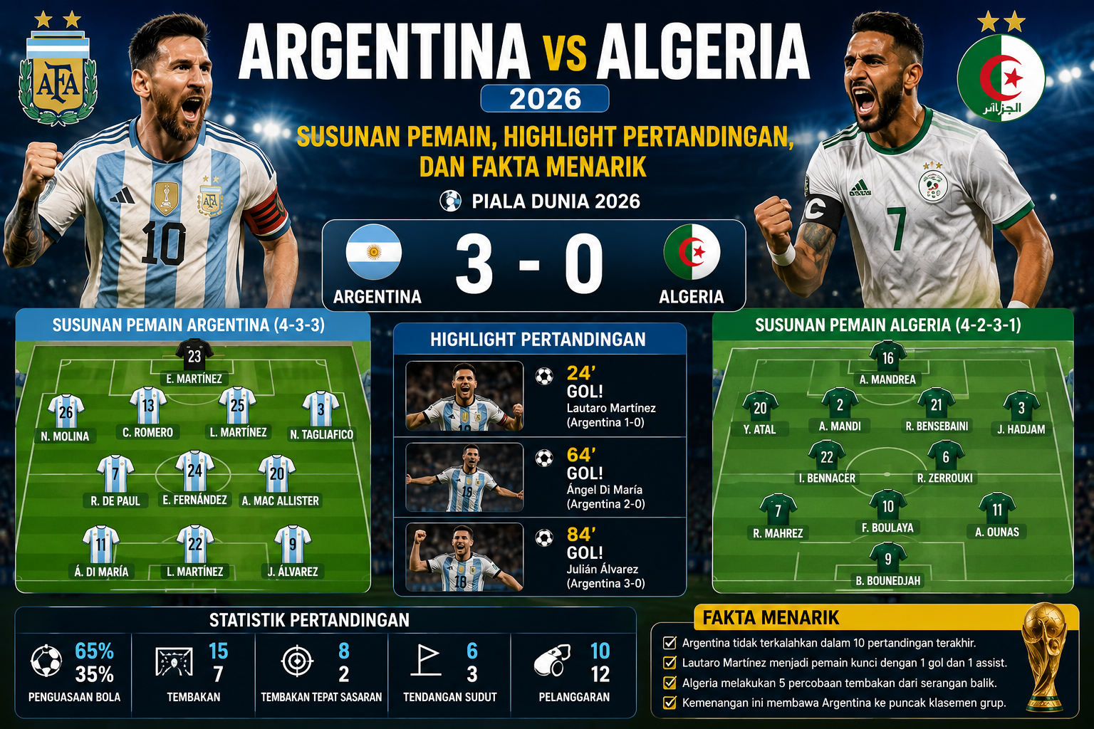 Argentina vs Algeria 2026: Susunan Pemain, Highlight Pertandingan, dan Fakta Menarik