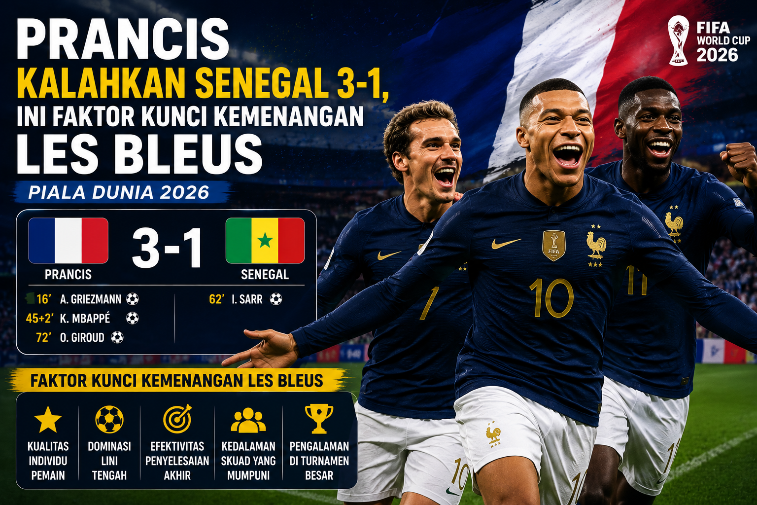 Prancis Kalahkan Senegal 3-1, Ini Faktor Kunci Kemenangan Les Bleus