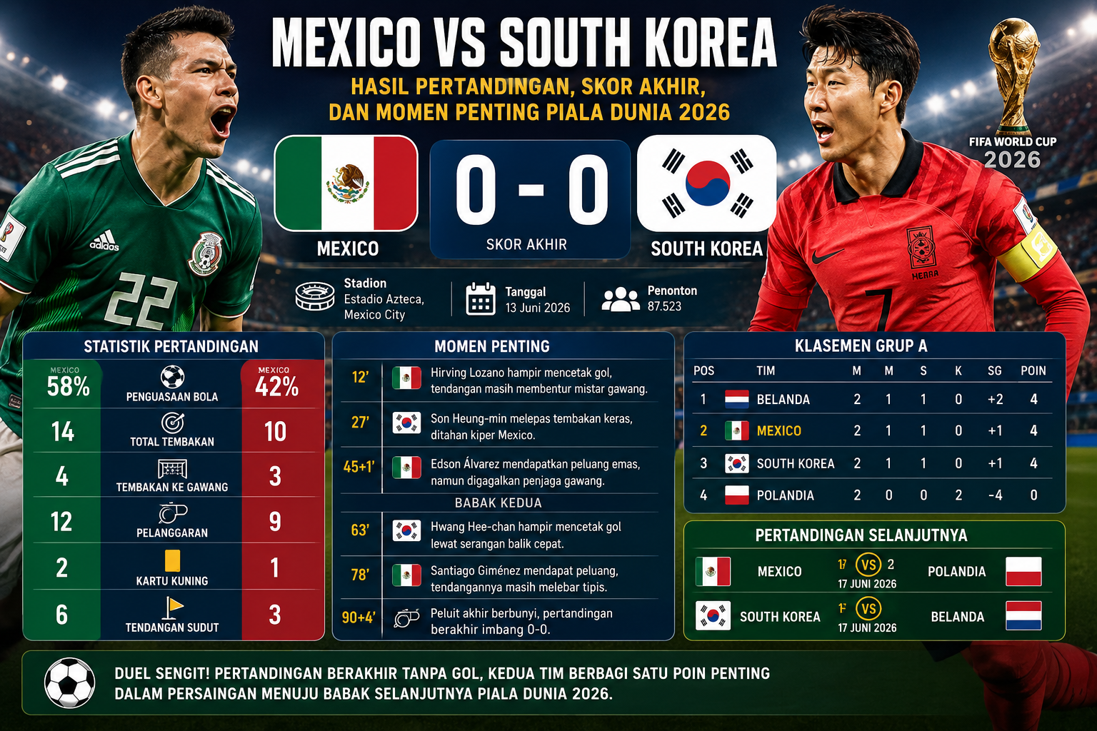 Mexico vs South Korea: Hasil Pertandingan, Skor Akhir, dan Momen Penting Piala Dunia 2026