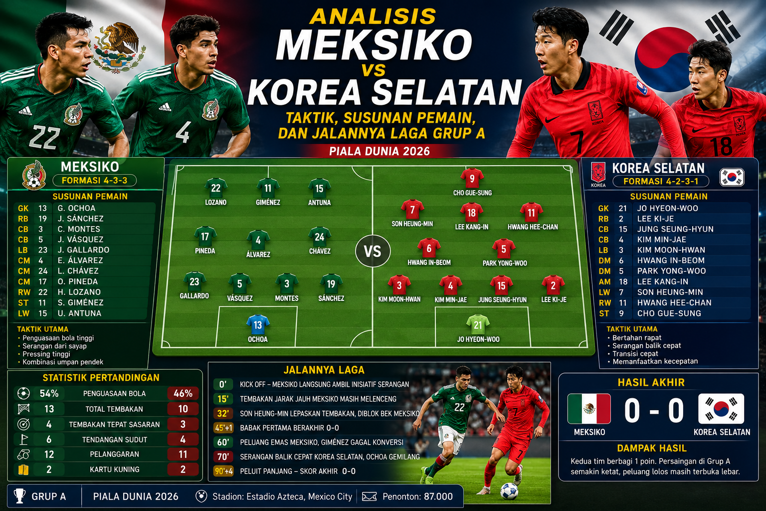 Analisis Meksiko vs Korea Selatan: Taktik, Susunan Pemain, dan Jalannya Laga Grup A