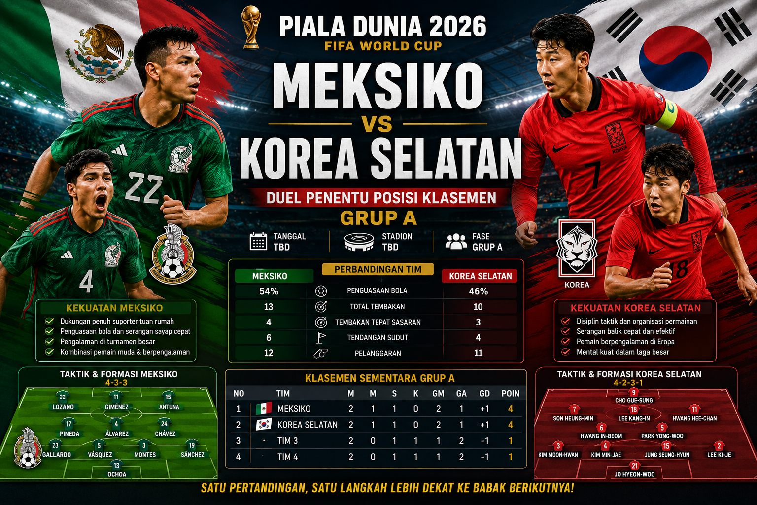 Meksiko vs Korea Selatan di Piala Dunia 2026: Duel Penentu Posisi Klasemen Grup A
