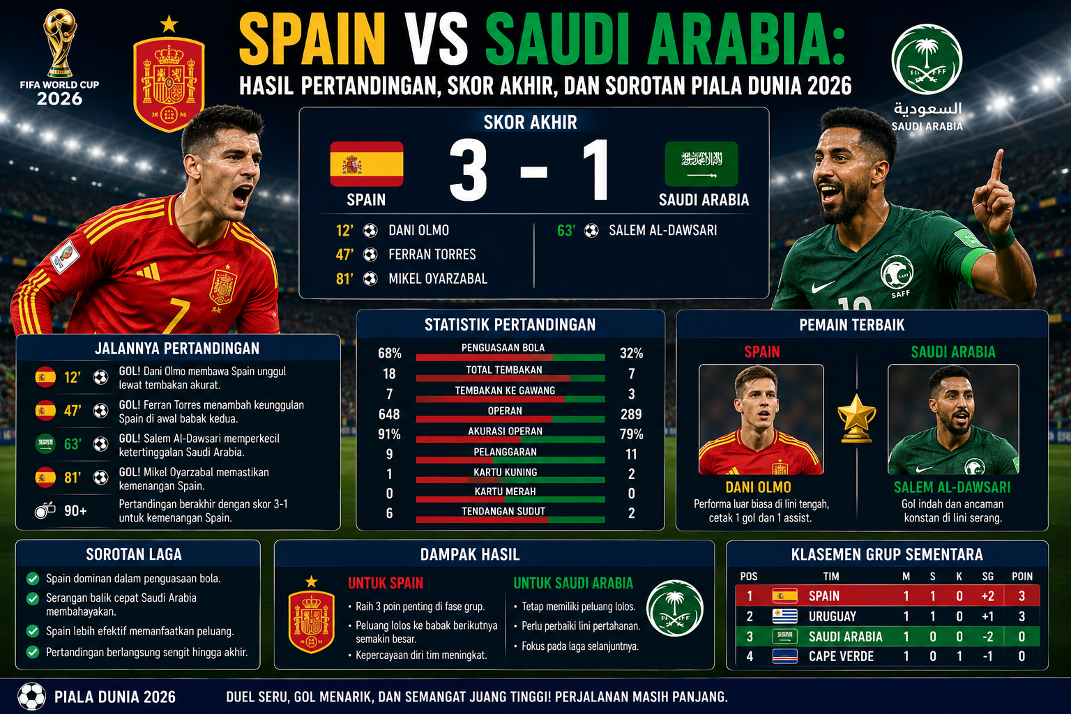 Spain vs Saudi Arabia: Hasil Pertandingan, Skor Akhir, dan Sorotan Piala Dunia 2026
