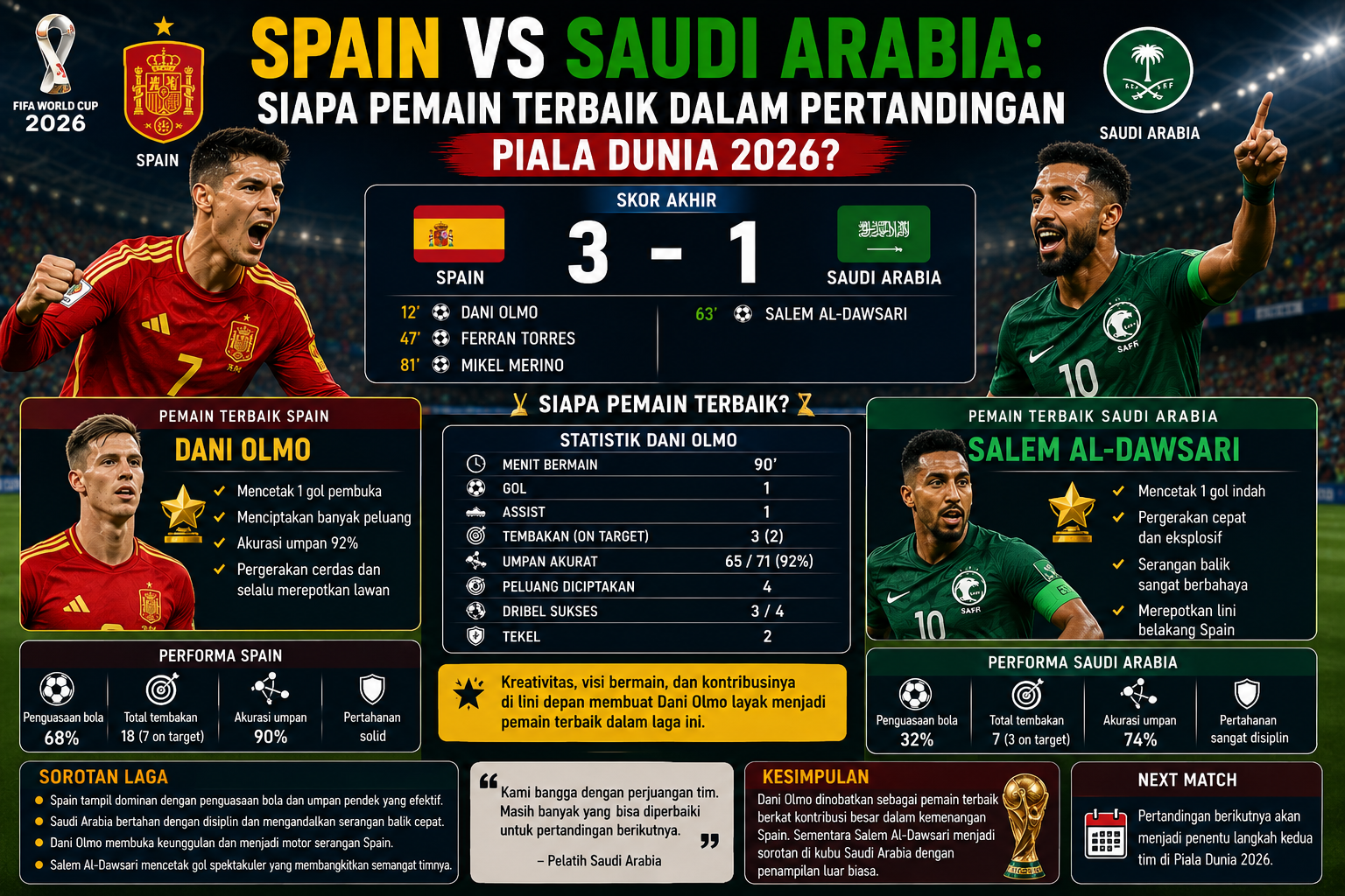 Spain vs Saudi Arabia: Siapa Pemain Terbaik dalam Pertandingan Piala Dunia 2026?