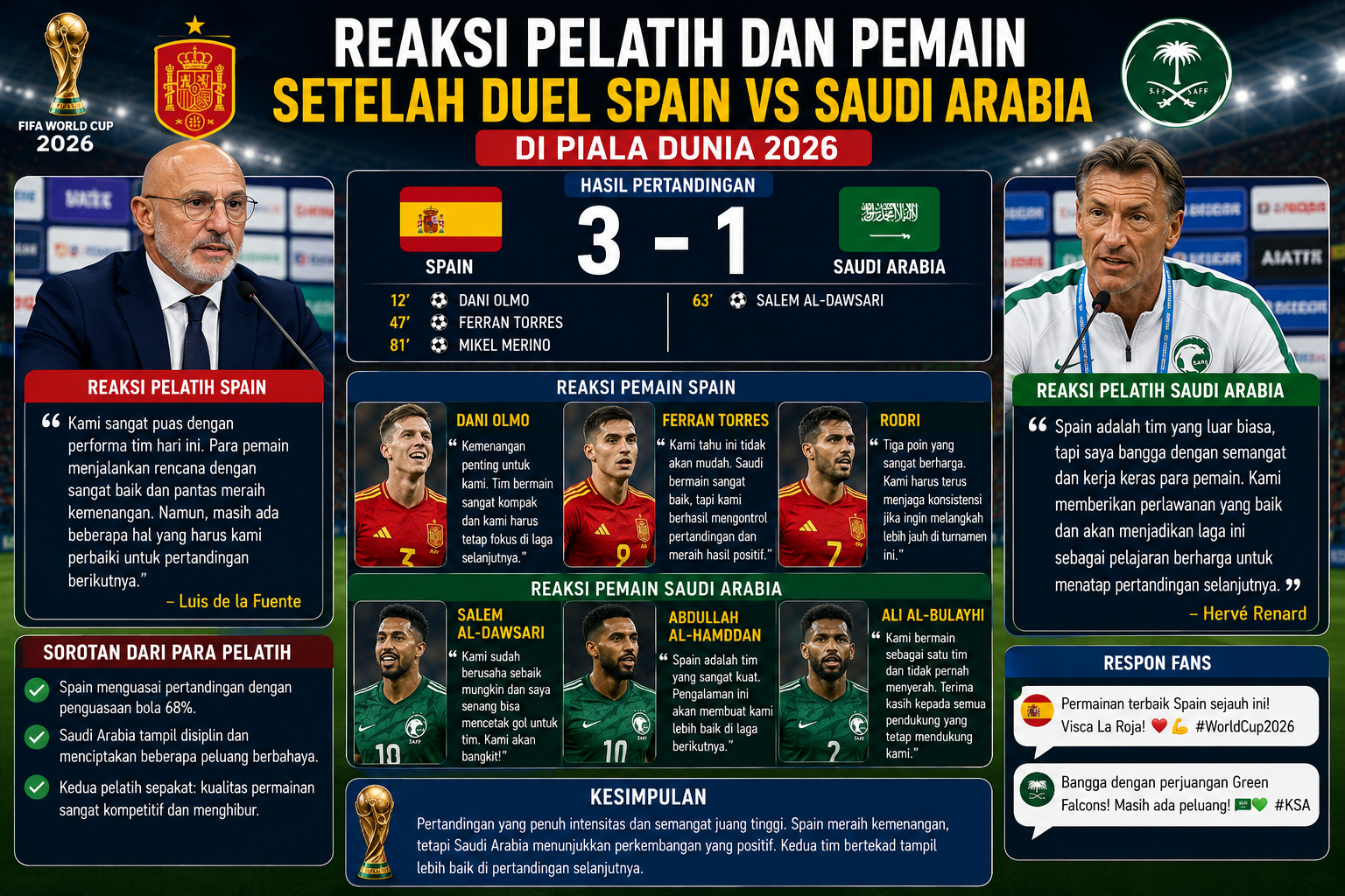 Reaksi Pelatih dan Pemain Setelah Duel Spain vs Saudi Arabia di Piala Dunia 2026