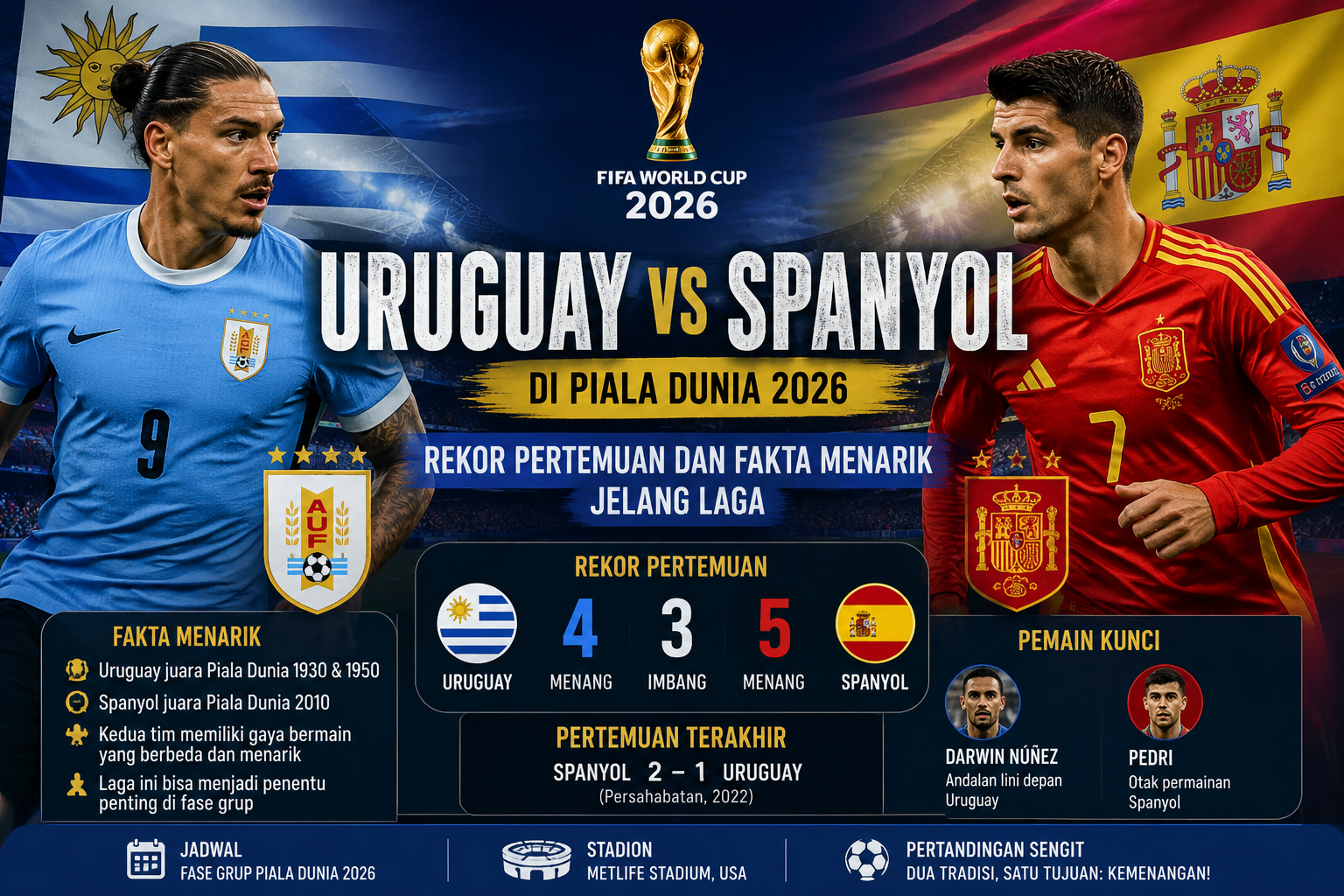 Uruguay vs Spanyol di Piala Dunia 2026: Rekor Pertemuan dan Fakta Menarik Jelang Laga
