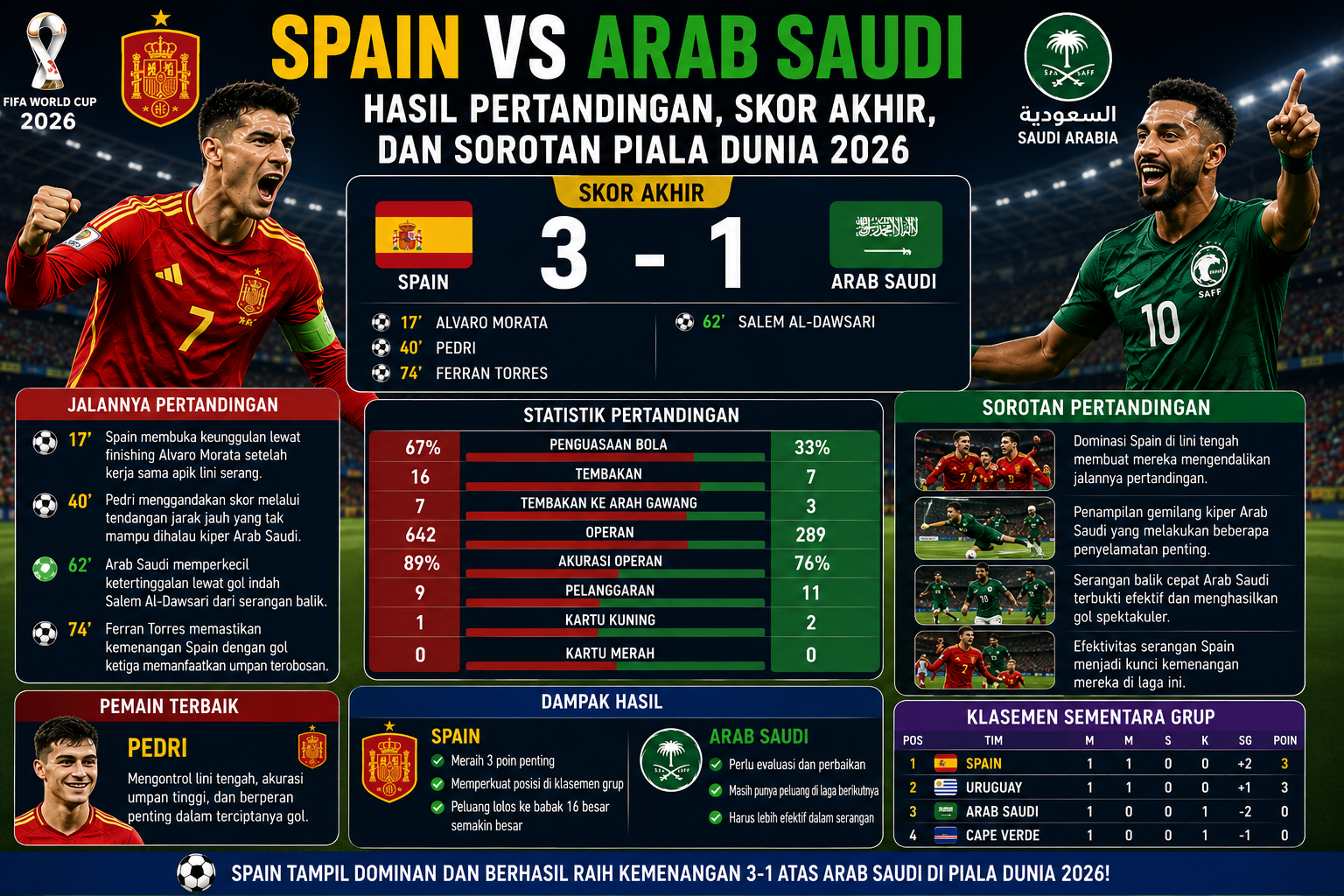 Spain vs Arab Saudi: Hasil Pertandingan, Skor Akhir, dan Sorotan Piala Dunia 2026