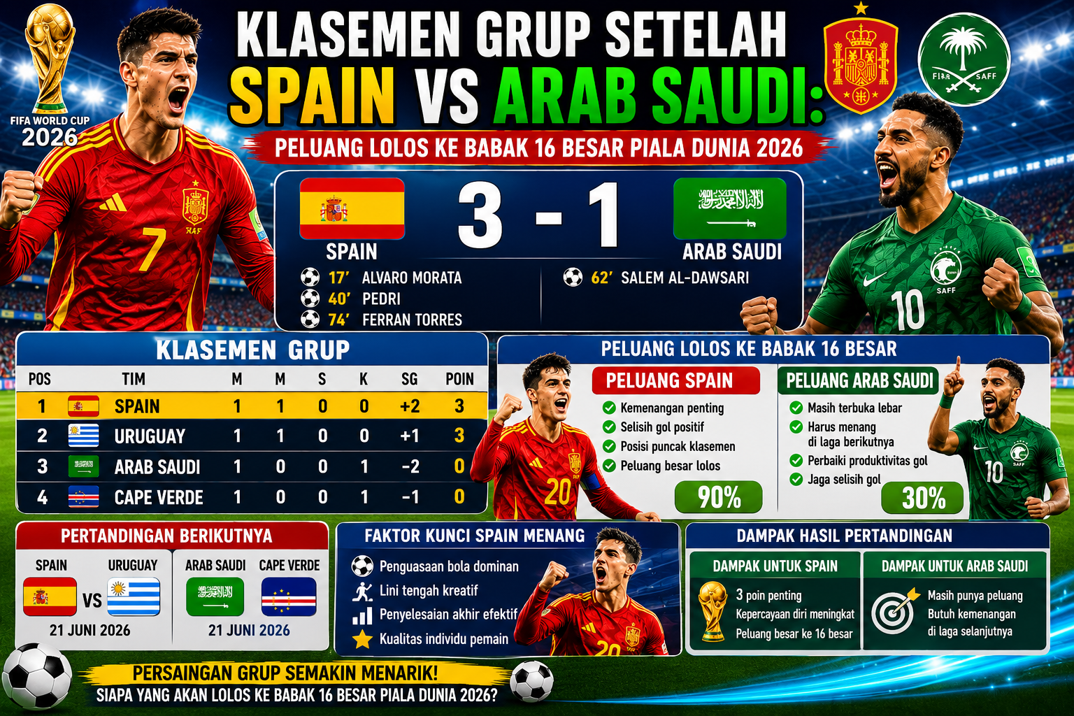 Klasemen Grup Setelah Spain vs Arab Saudi: Peluang Lolos ke Babak 16 Besar