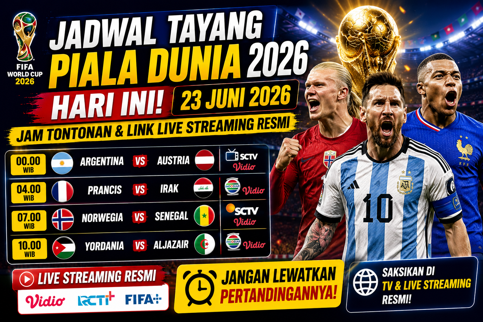 Jadwal Tayang Piala Dunia Hari Ini 23 Juni 2026: Jam Tontonan dan Link Live Streaming Resmi