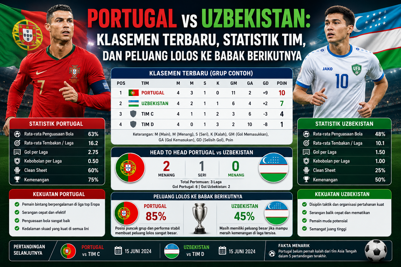 Portugal vs Uzbekistan: Klasemen Terbaru, Statistik Tim, dan Peluang Lolos ke Babak Berikutnya