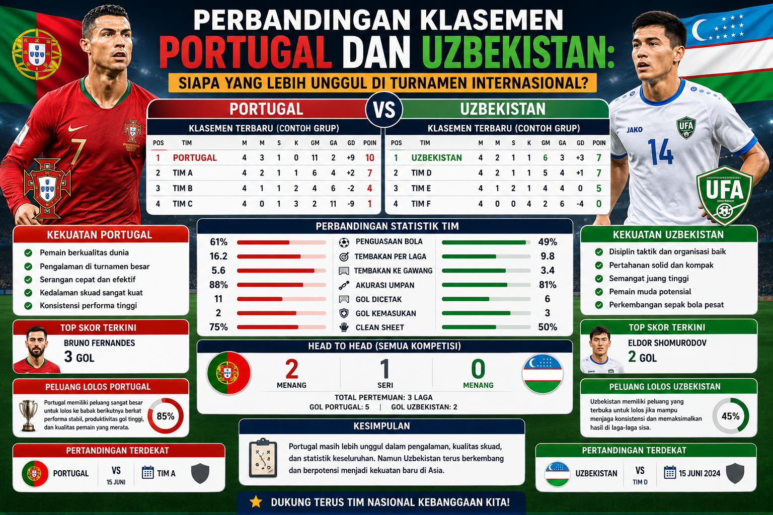 # Perbandingan Klasemen Portugal dan Uzbekistan: Siapa yang Lebih Unggul di Turnamen Internasional? ## Pendahuluan Dalam dunia sepak bola internasional, setiap pertandingan memiliki arti penting bagi posisi klasemen dan peluang sebuah tim untuk melangkah lebih jauh dalam turnamen. Salah satu topik yang menarik perhatian penggemar sepak bola adalah **perbandingan klasemen Portugal dan Uzbekistan**. Kedua tim nasional ini berasal dari kawasan yang berbeda, namun sama-sama menunjukkan perkembangan yang signifikan dalam beberapa tahun terakhir. Portugal dikenal sebagai salah satu kekuatan besar sepak bola Eropa yang memiliki sejarah panjang di ajang internasional. Sementara itu, Uzbekistan merupakan tim yang terus berkembang dan mulai menunjukkan potensinya sebagai salah satu kekuatan baru di Asia. Artikel ini akan membahas secara lengkap perbandingan klasemen Portugal dan Uzbekistan, performa terkini kedua tim, statistik penting, serta faktor-faktor yang membuat salah satu tim lebih unggul dalam kompetisi internasional. ## Profil Tim Nasional Portugal Portugal national football team merupakan salah satu tim terbaik di dunia yang telah menorehkan berbagai prestasi bergengsi. Beberapa pencapaian penting Portugal antara lain: * Juara UEFA Euro 2016. * Juara UEFA Nations League 2019. * Rutin tampil di ajang FIFA World Cup. * Memiliki banyak pemain yang berkarier di klub-klub elite Eropa. Keberhasilan Portugal tidak lepas dari kualitas pembinaan pemain muda serta pengalaman bertanding di level tertinggi. ## Profil Tim Nasional Uzbekistan Uzbekistan national football team merupakan salah satu tim yang sedang berkembang pesat di kawasan Asia. Dalam beberapa tahun terakhir, Uzbekistan berhasil menunjukkan peningkatan melalui: * Prestasi di kelompok usia muda. * Performa yang stabil dalam kompetisi Asia. * Regenerasi pemain yang berkualitas. * Pengembangan infrastruktur sepak bola nasional. Meskipun belum memiliki prestasi sebesar Portugal, Uzbekistan terus menunjukkan kemajuan yang menjanjikan. ## Posisi Klasemen Portugal di Turnamen Internasional Portugal hampir selalu berada di posisi atas klasemen grup dalam berbagai kompetisi internasional. Beberapa faktor yang mendukung keberhasilan Portugal di klasemen antara lain: ### Konsistensi Performa Portugal mampu menjaga performa yang stabil selama fase grup maupun babak gugur. ### Produktivitas Gol Tinggi Tim ini dikenal memiliki lini serang yang sangat tajam sehingga mampu mencetak banyak gol dalam setiap pertandingan. ### Pengalaman Internasional Pengalaman menghadapi tim-tim besar membuat Portugal lebih siap menghadapi tekanan kompetisi. ### Kedalaman Skuad Portugal memiliki banyak pemain berkualitas di setiap posisi sehingga tidak terlalu bergantung pada satu pemain saja. ## Posisi Klasemen Uzbekistan di Turnamen Internasional Uzbekistan juga menunjukkan perkembangan yang cukup baik dalam berbagai kompetisi regional dan internasional. Keunggulan Uzbekistan dalam klasemen biasanya didukung oleh: ### Pertahanan yang Disiplin Uzbekistan sering mengandalkan organisasi pertahanan yang kuat untuk meraih poin penting. ### Semangat Juang Tinggi Para pemain Uzbekistan dikenal memiliki determinasi yang luar biasa saat menghadapi lawan yang lebih kuat. ### Kemajuan Generasi Muda Munculnya pemain muda berbakat membantu meningkatkan daya saing tim di tingkat internasional. ### Stabilitas Tim Dalam beberapa tahun terakhir, Uzbekistan mampu mempertahankan performa yang cukup konsisten. ## Perbandingan Statistik Portugal dan Uzbekistan Untuk mengetahui siapa yang lebih unggul, penting untuk melihat beberapa aspek statistik. ### Penguasaan Bola Portugal umumnya memiliki rata-rata penguasaan bola yang lebih tinggi dibandingkan Uzbekistan. Hal ini menunjukkan kemampuan Portugal dalam mengontrol jalannya pertandingan. ### Produktivitas Gol Portugal biasanya mencatat jumlah gol yang lebih banyak karena memiliki lini depan yang sangat efektif. Uzbekistan cenderung bermain lebih pragmatis dengan mengutamakan efisiensi serangan. ### Akurasi Umpan Pemain Portugal memiliki kemampuan teknis yang sangat baik sehingga tingkat keberhasilan umpan mereka lebih tinggi. ### Pertahanan Uzbekistan sering menunjukkan pertahanan yang solid dan disiplin, terutama saat menghadapi tim-tim unggulan. ## Kekuatan Portugal yang Membuatnya Lebih Unggul ### Kualitas Pemain Dunia Portugal memiliki banyak pemain yang bermain di liga-liga top Eropa seperti: * Liga Inggris. * Liga Spanyol. * Liga Italia. * Liga Jerman. Pengalaman tersebut membuat mereka terbiasa menghadapi pertandingan dengan intensitas tinggi. ### Sistem Permainan Modern Portugal menerapkan strategi yang fleksibel dan mampu beradaptasi dengan berbagai situasi pertandingan. ### Pengalaman di Turnamen Besar Pengalaman tampil di Piala Dunia dan Kejuaraan Eropa memberikan keuntungan besar bagi Portugal. ### Mental Juara Keberhasilan meraih gelar internasional membuat pemain Portugal memiliki kepercayaan diri yang tinggi. ## Kekuatan Uzbekistan yang Tidak Boleh Diremehkan Meskipun tidak sepopuler Portugal, Uzbekistan memiliki sejumlah keunggulan. ### Organisasi Tim yang Baik Uzbekistan dikenal sebagai tim yang bermain dengan disiplin tinggi. ### Semangat Kompetitif Mereka selalu berusaha memberikan perlawanan maksimal kepada lawan yang lebih kuat. ### Talenta Muda Berkualitas Generasi muda Uzbekistan terus berkembang dan mulai mendapatkan perhatian internasional. ### Motivasi Besar Sebagai tim yang sedang berkembang, Uzbekistan memiliki ambisi besar untuk membuktikan diri di panggung dunia. ## Faktor yang Memengaruhi Posisi Klasemen Beberapa faktor yang dapat menentukan posisi klasemen sebuah tim meliputi: ### Hasil Pertandingan Kemenangan tentu memberikan dampak terbesar terhadap posisi klasemen. ### Selisih Gol Dalam banyak turnamen, selisih gol menjadi faktor penentu ketika poin sama. ### Konsistensi Performa Tim yang mampu tampil stabil sepanjang kompetisi biasanya memiliki peluang lebih besar untuk lolos. ### Kondisi Pemain Cedera dan kebugaran pemain dapat memengaruhi hasil pertandingan secara signifikan. ## Peluang Portugal di Turnamen Internasional Portugal hampir selalu masuk dalam daftar favorit pada setiap turnamen yang diikuti. Alasan utamanya adalah: * Memiliki skuad yang berkualitas. * Pengalaman bertanding yang luas. * Produktivitas gol tinggi. * Strategi permainan yang matang. Dengan modal tersebut, Portugal sering menjadi kandidat kuat untuk mencapai fase akhir kompetisi. ## Peluang Uzbekistan di Turnamen Internasional Uzbekistan juga memiliki peluang yang semakin besar untuk bersaing di level internasional. Faktor pendukungnya meliputi: * Regenerasi pemain yang baik. * Pengalaman bertanding yang terus bertambah. * Peningkatan kualitas kompetisi domestik. * Program pembinaan usia muda yang semakin berkembang. Jika mampu mempertahankan tren positif ini, Uzbekistan berpotensi menjadi salah satu kekuatan utama Asia. ## Siapa yang Lebih Unggul? Jika dilihat dari berbagai aspek seperti: * Prestasi internasional. * Posisi klasemen. * Kualitas pemain. * Pengalaman turnamen. * Statistik pertandingan. Portugal masih berada satu tingkat di atas Uzbekistan. Namun demikian, sepak bola selalu menghadirkan kejutan. Uzbekistan memiliki potensi untuk memberikan perlawanan sengit dan bahkan meraih hasil positif jika mampu memanfaatkan peluang dengan baik. ## Dampak Perbandingan Klasemen bagi Penggemar Informasi mengenai klasemen sangat penting bagi para penggemar sepak bola karena dapat digunakan untuk: * Menganalisis peluang lolos tim favorit. * Memahami kekuatan lawan. * Mengikuti perkembangan turnamen. * Menilai performa tim dari waktu ke waktu. Karena itu, perbandingan klasemen Portugal dan Uzbekistan menjadi topik yang menarik untuk terus dipantau. ## Kesimpulan **Perbandingan klasemen Portugal dan Uzbekistan** menunjukkan perbedaan yang cukup jelas dari sisi pengalaman, prestasi, dan kualitas skuad. Portugal masih menjadi tim yang lebih unggul berkat sejarah panjangnya di kompetisi internasional serta keberadaan pemain-pemain kelas dunia. Meski demikian, Uzbekistan bukanlah lawan yang bisa dianggap remeh. Perkembangan pesat dalam beberapa tahun terakhir membuat mereka semakin kompetitif dan berpotensi menjadi kekuatan besar di Asia. Dalam sepak bola modern, kerja sama tim, disiplin taktik, dan semangat juang sering kali mampu mengimbangi perbedaan kualitas individu. Bagi para pencinta sepak bola, persaingan antara Portugal dan Uzbekistan menjadi gambaran menarik tentang bagaimana tim dengan tradisi kuat dan tim yang sedang berkembang sama-sama berjuang untuk meraih posisi terbaik di klasemen turnamen internasional.