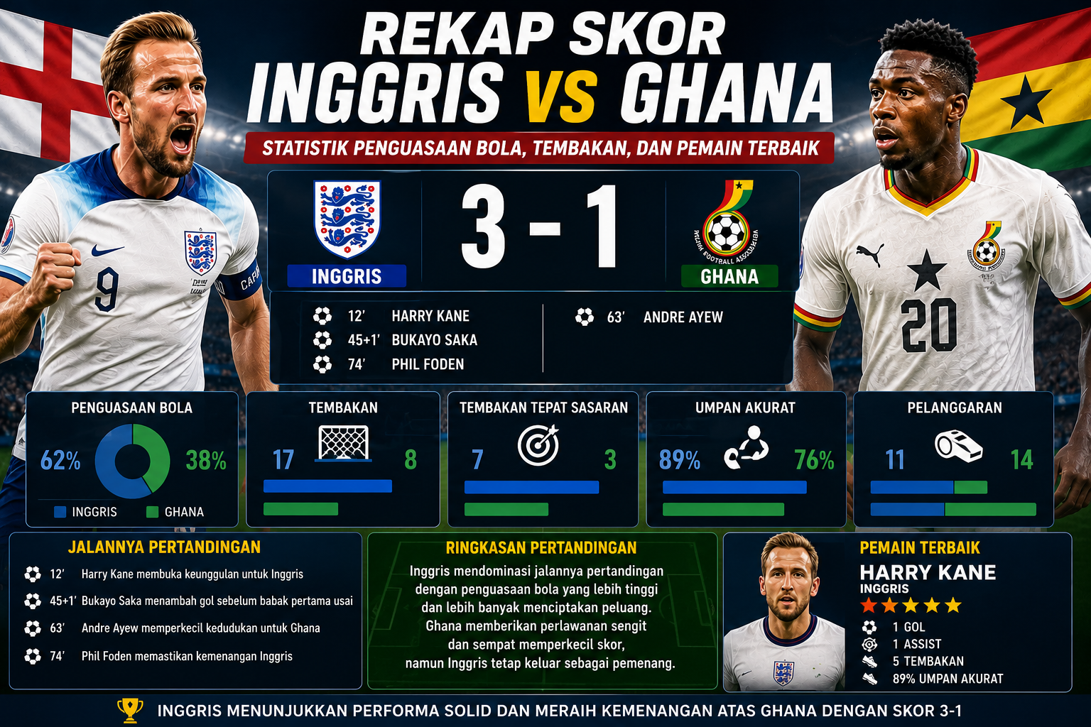 Rekap Skor Inggris vs Ghana: Statistik Penguasaan Bola, Tembakan, dan Pemain Terbaik