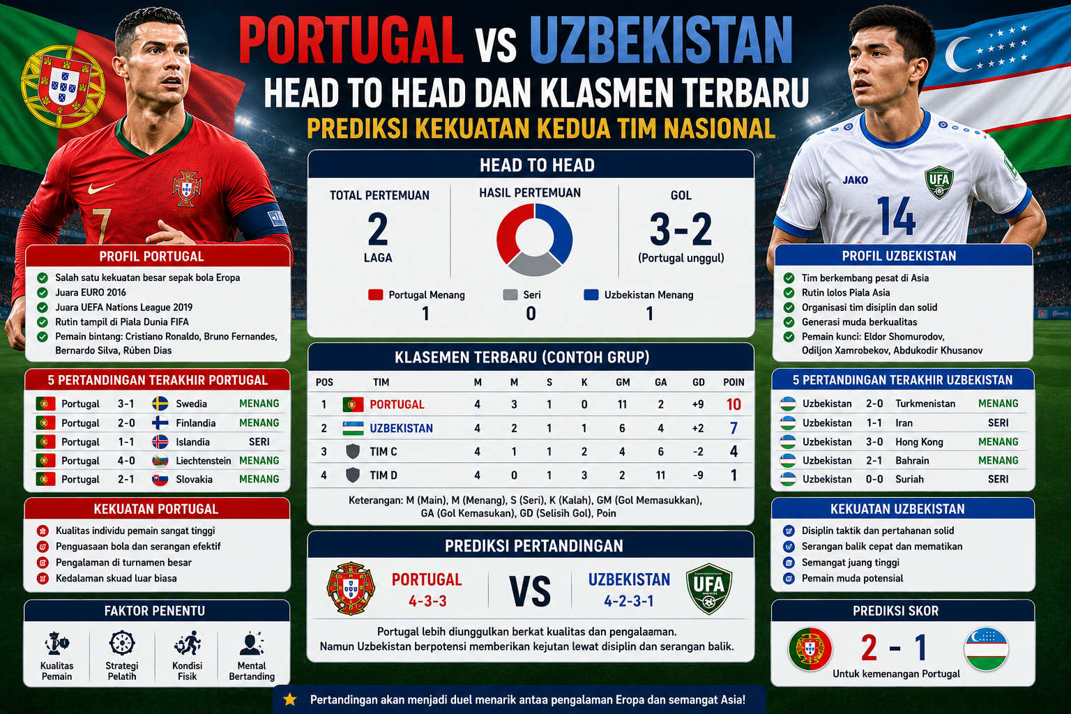 Portugal vs Uzbekistan Head to Head dan Klasemen Terbaru: Prediksi Kekuatan Kedua Tim Nasional