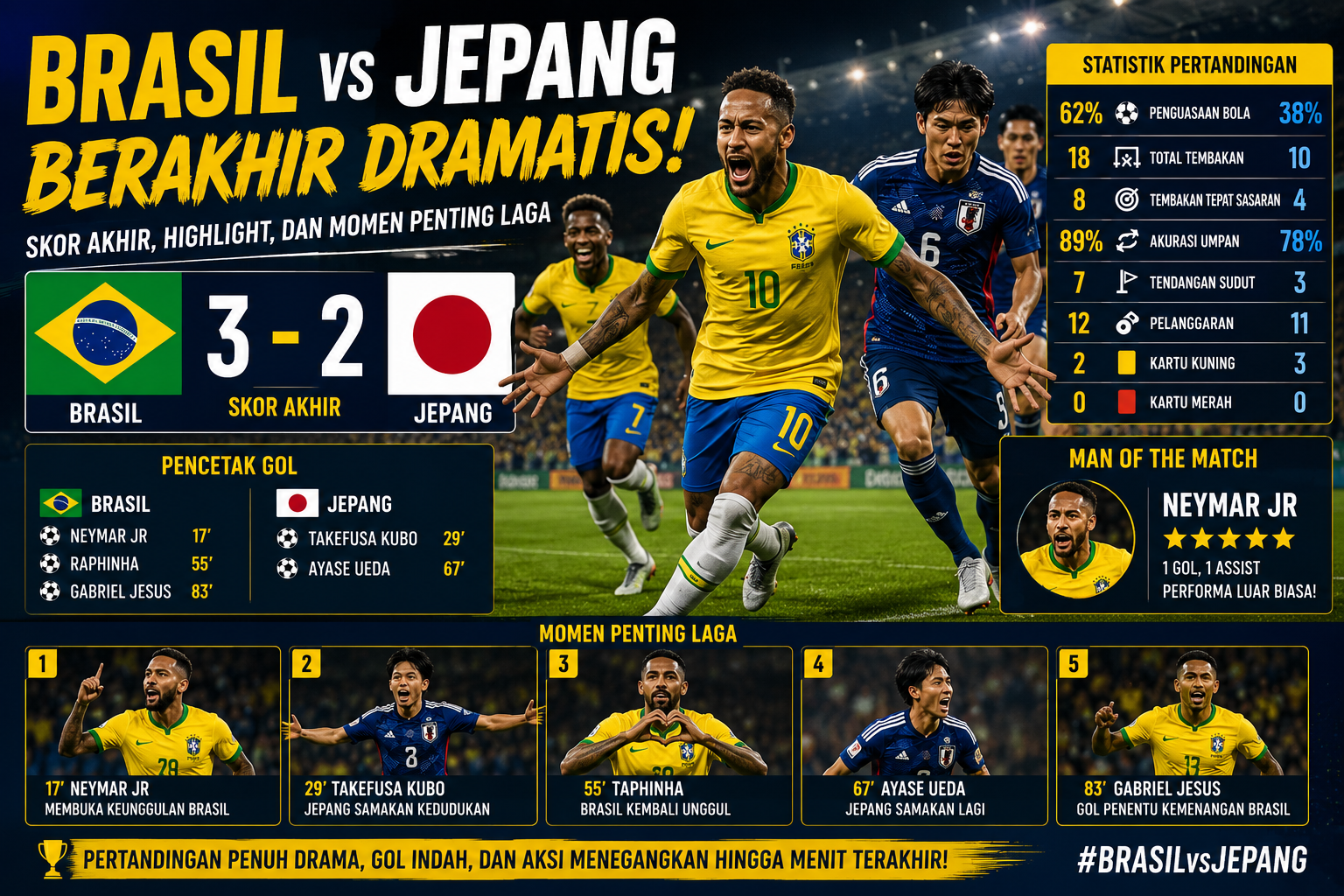 Brasil vs Jepang Berakhir Dramatis! Skor Akhir, Highlight, dan Momen Penting Laga
