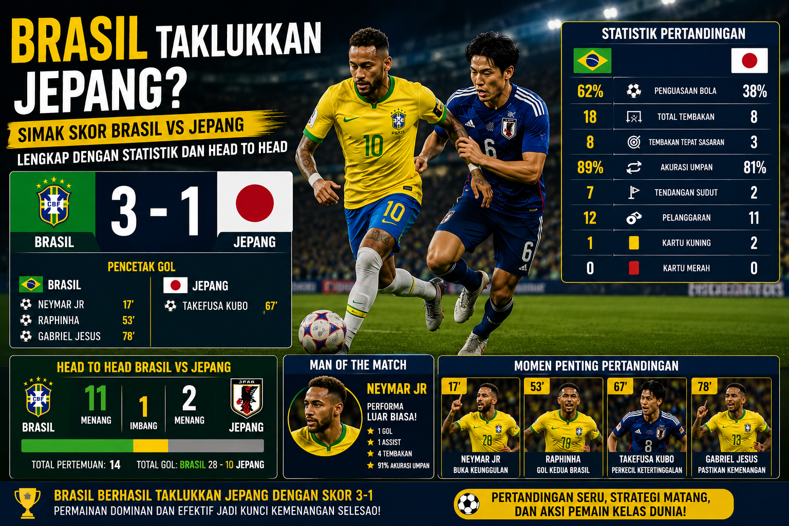 Brasil Taklukkan Jepang? Simak Skor Brasil vs Jepang Lengkap dengan Statistik dan Head to Head