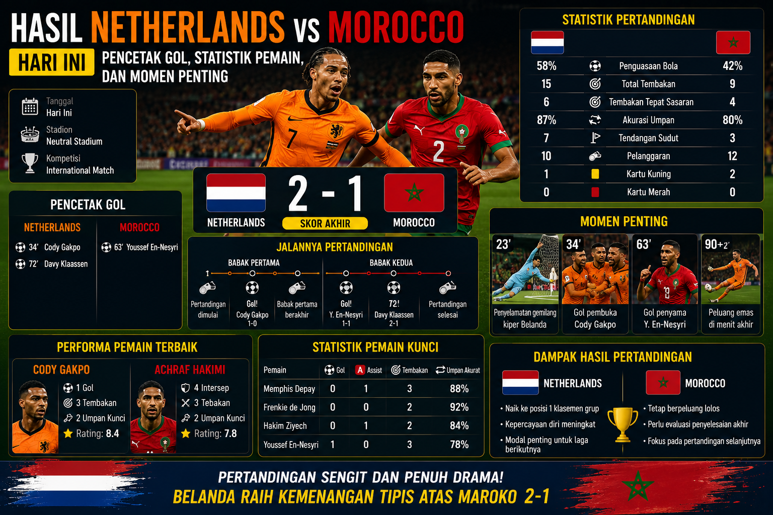 Hasil Netherlands vs Morocco Hari Ini: Pencetak Gol, Statistik Pemain, dan Momen Penting