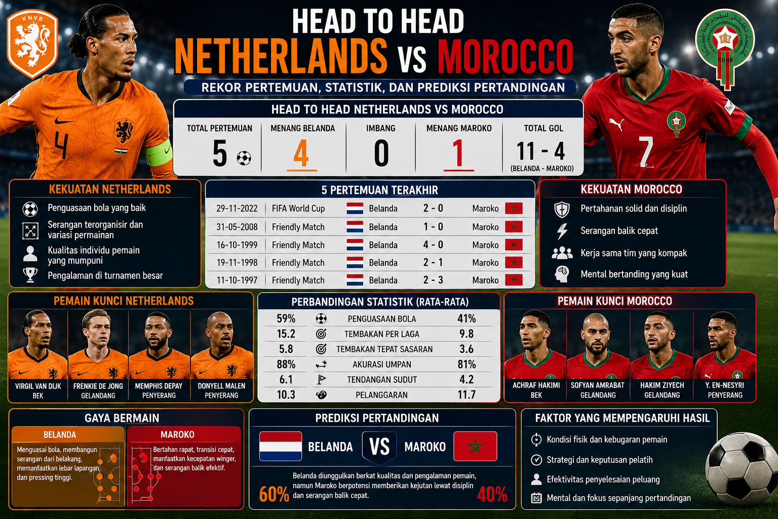 Head to Head Netherlands vs Morocco: Rekor Pertemuan, Statistik, dan Prediksi Pertandingan