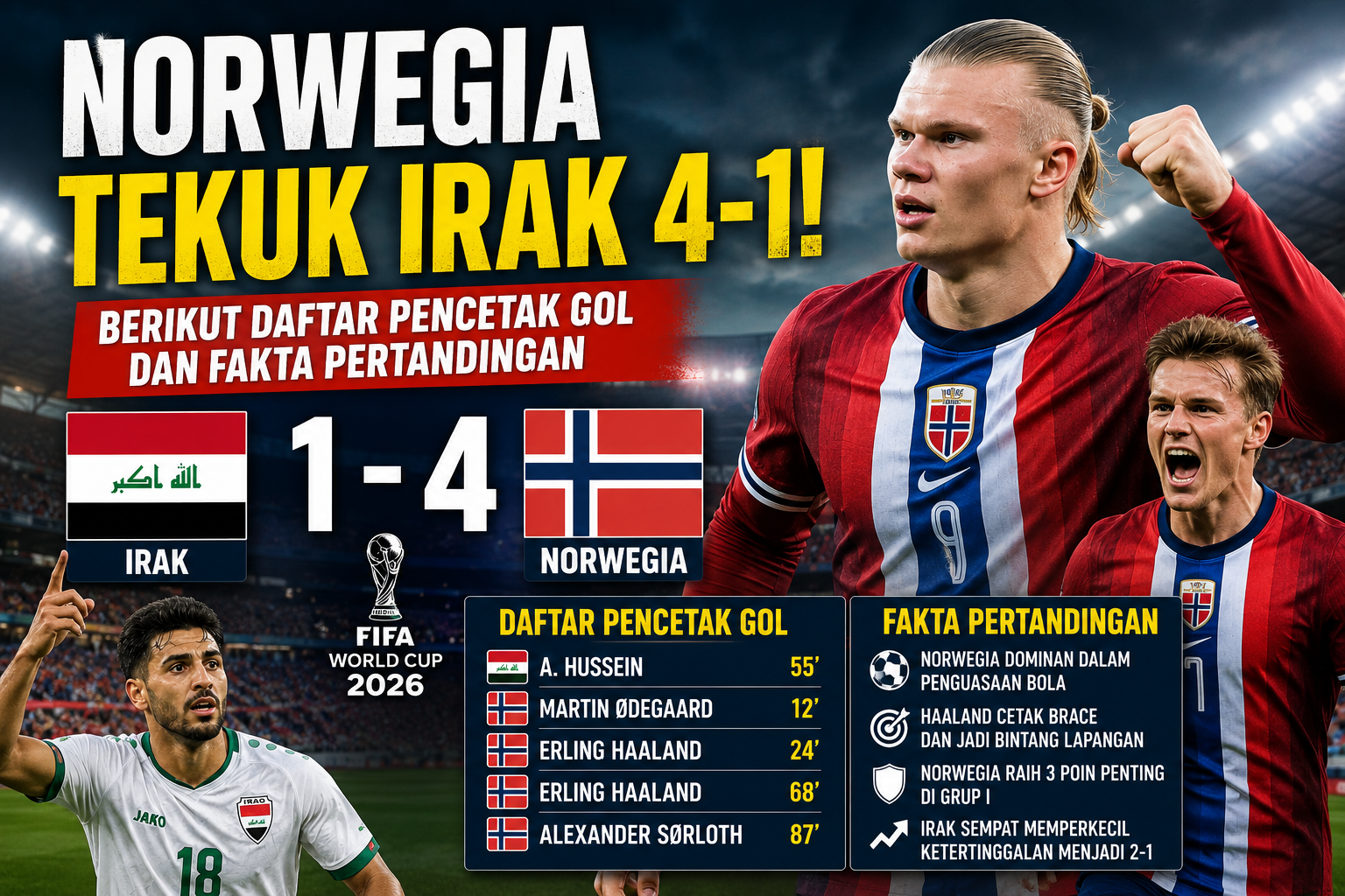 Norwegia Tekuk Irak 4-1, Berikut Daftar Pencetak Gol dan Fakta Pertandingan