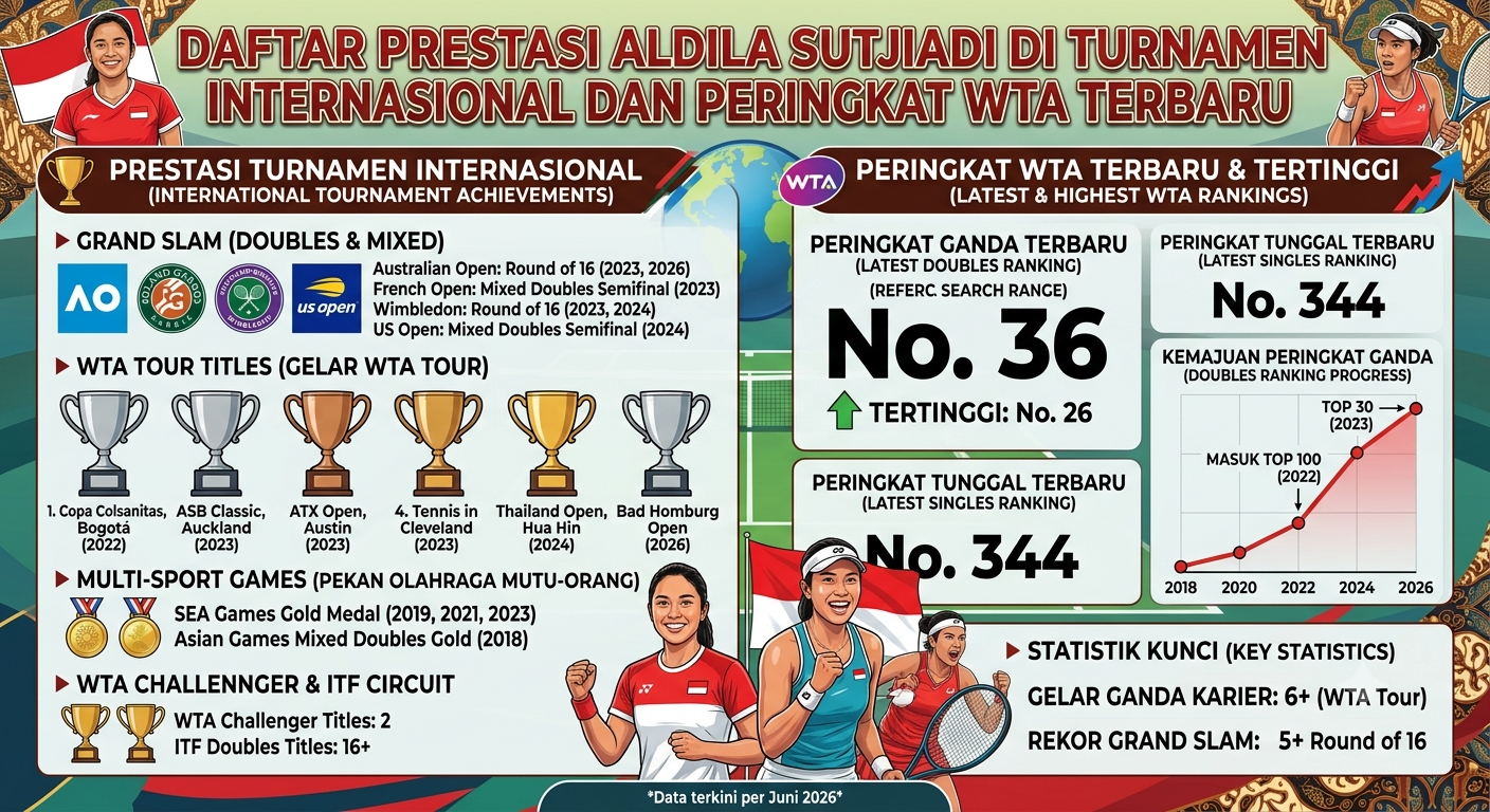 Daftar Prestasi Aldila Sutjiadi di Turnamen Internasional dan Peringkat WTA Terbaru