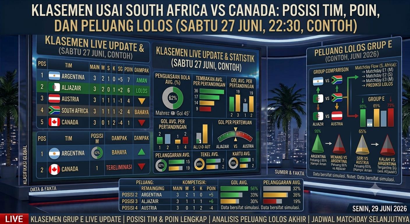 Klasemen Usai South Africa vs Canada: Posisi Tim, Perolehan Poin, dan Peluang Lolos