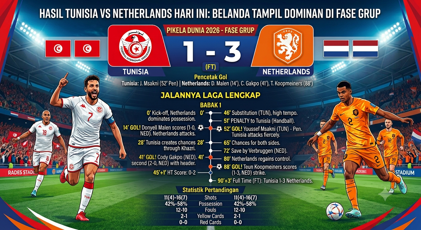 Hasil Tunisia vs Netherlands Hari Ini: Belanda Tampil Dominan di Fase Grup Piala Dunia 2026