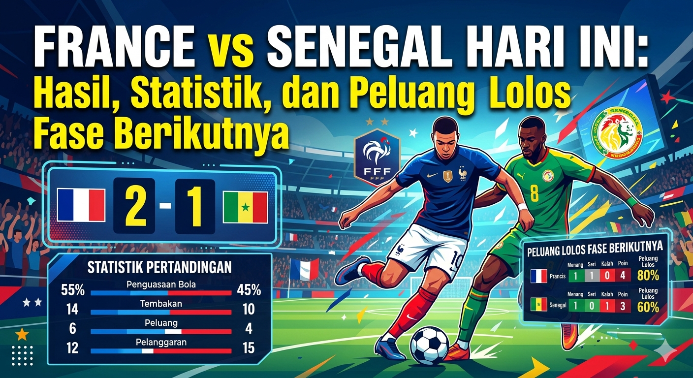 # France vs Senegal Hari Ini: Hasil, Statistik, dan Peluang Lolos Fase Berikutnya ## Hasil France vs Senegal Hari Ini Menjadi Sorotan Pecinta Sepak Bola Pertandingan **France vs Senegal hari ini** menjadi salah satu laga yang paling dinantikan dalam ajang Piala Dunia 2026. Duel antara Prancis sebagai salah satu kekuatan sepak bola Eropa dan Senegal sebagai wakil tangguh dari Afrika menghadirkan pertandingan yang penuh intensitas, strategi, dan aksi menarik sepanjang laga. Dalam pertandingan tersebut, Prancis berhasil meraih kemenangan dengan skor 3-1 atas Senegal. Hasil ini memberikan keuntungan besar bagi Les Bleus dalam persaingan grup sekaligus memperbesar peluang mereka untuk melaju ke fase berikutnya. Sementara itu, Senegal harus segera bangkit dan meraih hasil positif pada pertandingan selanjutnya agar peluang lolos tetap terbuka. Artikel ini akan membahas secara lengkap hasil pertandingan France vs Senegal hari ini, statistik penting, analisis permainan kedua tim, serta peluang mereka untuk lolos ke fase berikutnya. ## Hasil Akhir France vs Senegal Hari Ini Laga yang berlangsung sengit tersebut berakhir dengan skor: ### Prancis 3-1 Senegal Prancis tampil lebih efektif dalam memanfaatkan peluang yang mereka miliki. Meskipun Senegal mampu memberikan perlawanan yang cukup merepotkan, pengalaman dan kualitas pemain Prancis menjadi faktor utama yang menentukan hasil pertandingan. Kemenangan ini memberikan tiga poin penting bagi Les Bleus sekaligus meningkatkan kepercayaan diri mereka dalam menghadapi laga-laga berikutnya. ## Jalannya Pertandingan ### Prancis Langsung Menguasai Permainan Sejak awal pertandingan, Prancis tampil dominan dengan penguasaan bola yang lebih baik. Lini tengah mereka berhasil mengontrol tempo permainan sehingga Senegal kesulitan mengembangkan strategi yang diinginkan. Beberapa peluang berbahaya berhasil diciptakan Prancis melalui kombinasi umpan cepat dan pergerakan aktif para pemain depan. Dominasi tersebut akhirnya menghasilkan gol pembuka yang membuat Les Bleus unggul pada babak pertama. ### Senegal Berusaha Bangkit Setelah tertinggal, Senegal mulai bermain lebih agresif. Mereka mencoba memanfaatkan kecepatan para pemain sayap dan lini depan untuk melakukan serangan balik. Strategi tersebut beberapa kali berhasil menciptakan ancaman bagi pertahanan Prancis. Namun hingga turun minum, skor tetap bertahan 1-0 untuk keunggulan Prancis. ### Babak Kedua Lebih Menarik Memasuki babak kedua, pertandingan berlangsung lebih terbuka. Prancis berhasil menambah keunggulan menjadi 2-0 melalui serangan yang efektif. Meski demikian, Senegal tidak menyerah dan mampu memperkecil ketertinggalan menjadi 2-1. Gol tersebut sempat memberikan harapan bagi Senegal untuk mengejar ketertinggalan. Namun pengalaman Prancis kembali berbicara. Mereka berhasil mencetak gol ketiga yang memastikan kemenangan dengan skor akhir 3-1. ## Statistik France vs Senegal Hari Ini Statistik pertandingan menunjukkan keunggulan Prancis dalam beberapa aspek penting permainan. ### Penguasaan Bola Prancis mendominasi penguasaan bola sepanjang pertandingan. Keunggulan ini membuat mereka mampu mengontrol ritme permainan dan mengurangi tekanan dari Senegal. ### Jumlah Tembakan Les Bleus juga unggul dalam jumlah tembakan ke arah gawang. Hal ini menunjukkan kemampuan mereka dalam menciptakan peluang yang lebih banyak dibandingkan lawannya. ### Akurasi Umpan Permainan umpan pendek yang menjadi ciri khas Prancis berjalan sangat efektif. Akurasi umpan yang tinggi membantu mereka mempertahankan penguasaan bola dalam waktu yang lama. ### Peluang Berbahaya Walaupun kalah dalam penguasaan bola, Senegal tetap mampu menciptakan sejumlah peluang berbahaya melalui serangan balik cepat. ### Efektivitas Penyelesaian Akhir Perbedaan terbesar kedua tim terletak pada efektivitas penyelesaian akhir. Prancis berhasil memanfaatkan peluang menjadi gol dengan sangat baik, sedangkan Senegal kurang maksimal dalam menyelesaikan peluang yang mereka dapatkan. ## Analisis Permainan Prancis ### Kekuatan di Lini Tengah Lini tengah menjadi kunci utama kemenangan Prancis. Para gelandang mereka berhasil mengontrol permainan sekaligus menjadi penghubung antara pertahanan dan serangan. Dominasi di area ini membuat Senegal kesulitan membangun pola permainan yang konsisten. ### Serangan yang Variatif Prancis tidak hanya mengandalkan satu cara untuk menyerang. Mereka mampu menciptakan peluang melalui umpan terobosan, permainan sayap, maupun serangan cepat. Variasi serangan tersebut membuat pertahanan Senegal kesulitan mengantisipasi pergerakan pemain-pemain Les Bleus. ### Mental Juara Salah satu faktor yang membuat Prancis berbeda adalah mental bertanding yang kuat. Ketika Senegal berhasil memperkecil ketertinggalan, Prancis tidak panik dan tetap menjalankan strategi dengan disiplin hingga akhirnya mencetak gol ketiga. ## Analisis Permainan Senegal ### Semangat Juang Tinggi Senegal menunjukkan semangat juang yang patut diapresiasi. Meski menghadapi salah satu tim terbaik dunia, mereka tetap bermain berani dan tidak menyerah hingga pertandingan berakhir. ### Serangan Balik Berbahaya Kecepatan para pemain depan Senegal beberapa kali merepotkan pertahanan Prancis. Strategi serangan balik menjadi salah satu senjata utama yang cukup efektif sepanjang pertandingan. ### Perlu Perbaikan di Pertahanan Beberapa gol yang dicetak Prancis terjadi akibat kurang rapatnya koordinasi pertahanan Senegal. Hal ini menjadi aspek yang perlu diperbaiki jika mereka ingin meraih hasil lebih baik pada pertandingan berikutnya. ## Peluang Prancis Lolos ke Fase Berikutnya Kemenangan atas Senegal membuat peluang Prancis untuk lolos ke babak berikutnya semakin besar. ### Tambahan Tiga Poin yang Berharga Tiga poin dari pertandingan ini menjadi modal penting dalam persaingan grup. Prancis kini memiliki posisi yang lebih baik dibandingkan beberapa pesaingnya. ### Selisih Gol Positif Selain poin, kemenangan dengan selisih dua gol juga meningkatkan produktivitas gol mereka. Faktor ini bisa menjadi penentu jika terjadi persaingan ketat di klasemen akhir. ### Kepercayaan Diri Semakin Tinggi Performa yang meyakinkan membuat para pemain Prancis semakin percaya diri menghadapi pertandingan berikutnya. Jika mampu mempertahankan konsistensi permainan, peluang mereka untuk melaju jauh di turnamen ini sangat terbuka. ## Peluang Senegal Lolos ke Fase Berikutnya Meskipun kalah, Senegal masih memiliki peluang untuk lolos. ### Harus Meraih Hasil Positif Pertandingan berikutnya akan menjadi sangat penting bagi Senegal. Mereka harus mampu mengamankan poin agar tetap berada dalam persaingan. ### Memperbaiki Efektivitas Serangan Senegal sebenarnya mampu menciptakan peluang. Namun efektivitas penyelesaian akhir perlu ditingkatkan agar peluang tersebut dapat menghasilkan gol. ### Memperkuat Organisasi Pertahanan Perbaikan di lini belakang juga menjadi kunci agar mereka tidak mudah kebobolan saat menghadapi lawan-lawan berikutnya. ## Dampak Hasil Pertandingan terhadap Klasemen Kemenangan Prancis membuat persaingan grup semakin menarik. Prancis kini berada dalam posisi yang lebih menguntungkan untuk lolos ke babak berikutnya. Sementara Senegal harus bekerja keras dalam laga selanjutnya agar tidak tertinggal dalam perebutan tiket fase gugur. Dengan masih adanya beberapa pertandingan tersisa, peluang kedua tim sebenarnya masih terbuka meskipun posisi Prancis saat ini lebih aman. ## Reaksi Penggemar dan Pengamat Banyak pengamat sepak bola menilai bahwa Prancis tampil sesuai ekspektasi sebagai salah satu favorit juara. Namun Senegal juga mendapat pujian karena mampu memberikan perlawanan yang cukup sengit. Pertandingan ini dianggap sebagai salah satu laga yang menunjukkan kualitas tinggi sepak bola internasional dengan kombinasi teknik, taktik, dan semangat juang yang luar biasa. ## Kesimpulan **France vs Senegal hari ini** berakhir dengan kemenangan Prancis 3-1 dalam pertandingan yang berlangsung menarik dan kompetitif. Les Bleus menunjukkan kualitas mereka melalui dominasi penguasaan bola, efektivitas serangan, dan kedisiplinan taktik yang sangat baik. Hasil ini membuat peluang Prancis untuk lolos ke fase berikutnya semakin besar, sementara Senegal masih memiliki kesempatan asalkan mampu memperbaiki performa dan meraih hasil positif pada pertandingan berikutnya. Bagi para penggemar sepak bola, laga France vs Senegal menjadi bukti bahwa Piala Dunia 2026 terus menghadirkan pertandingan berkualitas tinggi yang penuh aksi, strategi, dan drama hingga peluit akhir dibunyikan.