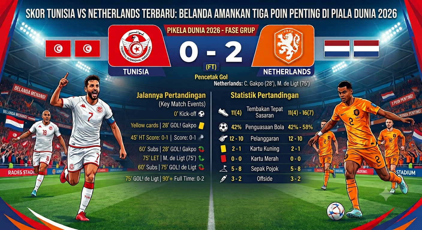Skor Tunisia vs Netherlands Terbaru: Belanda Amankan Tiga Poin Penting di Piala Dunia 2026