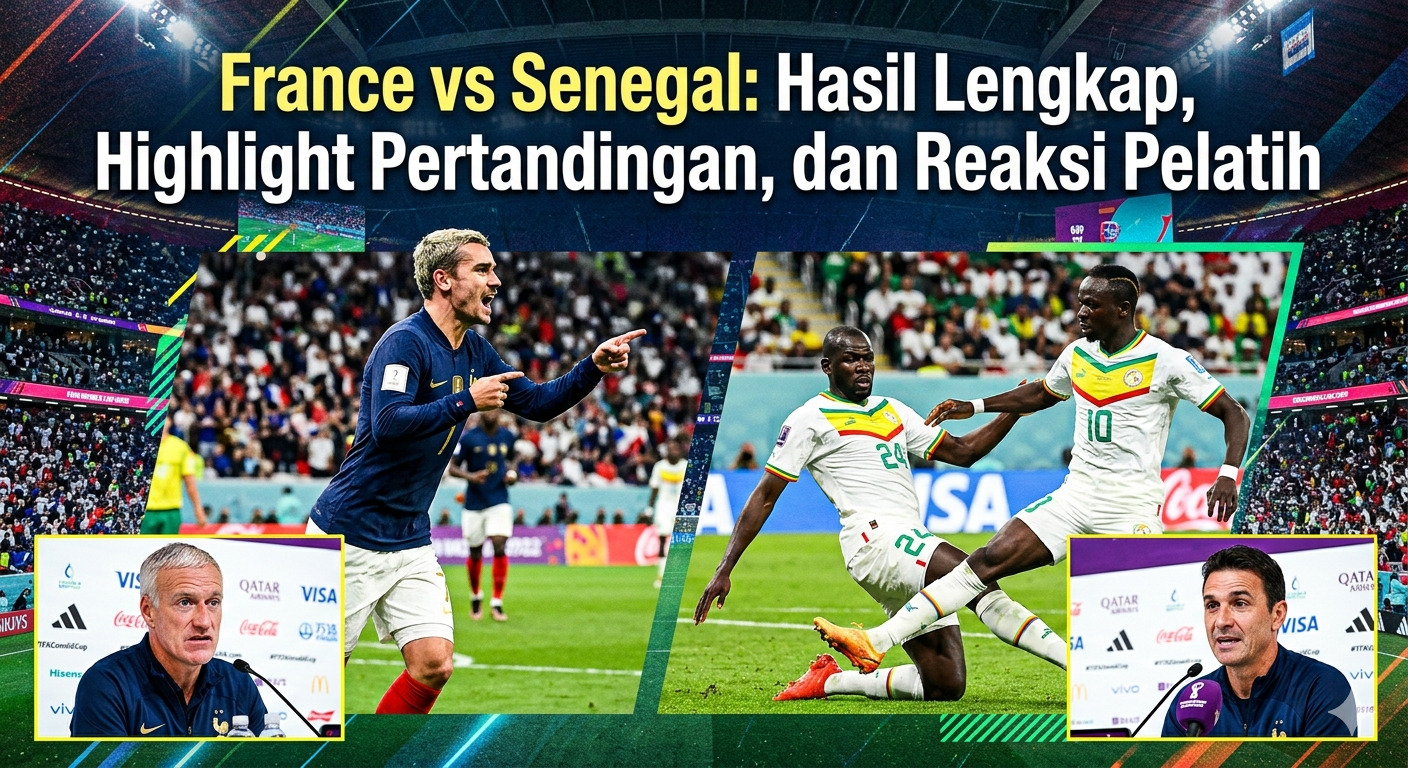 # France vs Senegal: Hasil Lengkap, Highlight Pertandingan, dan Reaksi Pelatih ## France vs Senegal Menjadi Salah Satu Laga Paling Menarik di Piala Dunia 2026 Pertandingan **France vs Senegal** dalam ajang Piala Dunia 2026 berhasil menghadirkan tontonan sepak bola berkualitas tinggi yang penuh aksi, strategi, dan momen menarik. Duel antara Prancis sebagai salah satu tim unggulan dan Senegal sebagai wakil kuat dari Afrika berlangsung sengit sejak menit pertama hingga peluit panjang dibunyikan. Dalam pertandingan tersebut, Prancis berhasil mengamankan kemenangan dengan skor 3-1 atas Senegal. Hasil ini menjadi modal penting bagi Les Bleus dalam persaingan di fase grup sekaligus memperkuat peluang mereka untuk melaju ke babak berikutnya. Selain hasil akhir yang menarik, pertandingan ini juga menghadirkan berbagai highlight penting serta reaksi dari para pelatih yang memberikan gambaran mengenai jalannya laga dari sudut pandang taktik dan strategi. Artikel berikut akan membahas secara lengkap hasil pertandingan, highlight laga, statistik penting, hingga reaksi pelatih setelah pertandingan berakhir. --- ## Hasil Lengkap France vs Senegal Pertandingan berakhir dengan skor: ### Prancis 3-1 Senegal Kemenangan ini membuat Prancis berhasil meraih tiga poin berharga yang sangat penting dalam persaingan grup. Selain itu, tambahan selisih gol juga menjadi keuntungan tersendiri bagi Les Bleus dalam upaya mengamankan posisi di klasemen. Di sisi lain, Senegal harus menerima kenyataan pahit meskipun mampu memberikan perlawanan yang cukup sengit sepanjang pertandingan. --- ## Jalannya Pertandingan France vs Senegal ### Prancis Tampil Menekan Sejak Awal Sejak kick-off dimulai, Prancis langsung mengambil inisiatif permainan. Les Bleus tampil dominan dengan menguasai bola dan mengatur tempo pertandingan melalui lini tengah yang solid. Kombinasi umpan pendek dan pergerakan tanpa bola membuat pertahanan Senegal beberapa kali mengalami kesulitan. Tekanan yang terus dilakukan akhirnya membuahkan hasil melalui gol pembuka yang membuat Prancis unggul lebih dulu. Gol tersebut semakin meningkatkan kepercayaan diri para pemain Prancis. --- ### Senegal Memberikan Perlawanan Sengit Meski tertinggal, Senegal tidak bermain pasif. Wakil Afrika tersebut mencoba memanfaatkan kecepatan pemain depan mereka untuk melakukan serangan balik. Beberapa peluang berbahaya berhasil diciptakan dan membuat lini pertahanan Prancis harus bekerja keras. Namun hingga babak pertama berakhir, skor tetap bertahan 1-0 untuk keunggulan Prancis. --- ### Babak Kedua Berlangsung Lebih Terbuka Memasuki babak kedua, pertandingan berjalan lebih menarik. Senegal meningkatkan intensitas serangan demi mengejar ketertinggalan. Namun ketika mereka mulai bermain lebih terbuka, Prancis berhasil memanfaatkan ruang yang tersedia dan mencetak gol kedua. Skor berubah menjadi 2-0. Meski demikian, Senegal tidak menyerah dan berhasil memperkecil ketertinggalan menjadi 2-1. Gol tersebut sempat membangkitkan semangat para pemain Senegal dan membuat pertandingan kembali hidup. Akan tetapi, pengalaman serta kualitas Prancis kembali berbicara. Les Bleus mencetak gol ketiga menjelang akhir pertandingan dan memastikan kemenangan dengan skor 3-1. --- # Highlight Pertandingan France vs Senegal ## 1. Dominasi Lini Tengah Prancis Salah satu highlight utama pertandingan adalah dominasi lini tengah Prancis. Para gelandang Les Bleus berhasil mengontrol permainan hampir sepanjang laga. Kemampuan mereka menjaga penguasaan bola membuat Senegal kesulitan mengembangkan permainan. Kontrol lini tengah menjadi pondasi utama kemenangan Prancis dalam pertandingan ini. --- ## 2. Serangan Balik Cepat Senegal Meskipun kalah dalam penguasaan bola, Senegal tetap mampu memberikan ancaman serius. Kecepatan pemain depan mereka beberapa kali menciptakan peluang berbahaya. Strategi serangan balik yang diterapkan Senegal menjadi salah satu momen menarik sepanjang pertandingan. --- ## 3. Efektivitas Penyelesaian Akhir Prancis Perbedaan terbesar antara kedua tim terlihat pada efektivitas di depan gawang. Prancis mampu memanfaatkan peluang dengan sangat baik. Sementara Senegal beberapa kali gagal mengonversi peluang menjadi gol. Faktor ini menjadi salah satu penentu hasil akhir pertandingan. --- ## 4. Gol yang Mengubah Momentum Gol yang dicetak Senegal pada babak kedua sempat mengubah momentum pertandingan. Para pendukung Senegal mulai percaya bahwa tim mereka mampu bangkit. Namun Prancis menunjukkan mental juara dengan kembali mengendalikan permainan dan mencetak gol penutup. --- ## 5. Kedisiplinan Taktik Les Bleus Highlight lainnya adalah disiplin taktik yang diperlihatkan para pemain Prancis. Mereka mampu menjaga organisasi permainan baik saat menyerang maupun bertahan. Kedisiplinan tersebut membuat Senegal kesulitan menemukan ruang untuk menciptakan peluang yang benar-benar berbahaya. --- # Statistik Penting France vs Senegal Berikut beberapa statistik yang menunjukkan jalannya pertandingan: ### Penguasaan Bola Prancis unggul dalam penguasaan bola sepanjang pertandingan. ### Jumlah Tembakan Les Bleus menciptakan lebih banyak tembakan dibandingkan Senegal. ### Akurasi Umpan Prancis menunjukkan akurasi umpan yang lebih tinggi sehingga mampu mengontrol permainan dengan lebih baik. ### Peluang Berbahaya Kedua tim sama-sama menciptakan peluang, tetapi Prancis lebih efektif dalam penyelesaian akhir. ### Efektivitas Gol Prancis berhasil mengubah sebagian besar peluang terbaik mereka menjadi gol. Statistik tersebut menunjukkan mengapa Les Bleus layak meraih kemenangan. --- # Reaksi Pelatih Prancis Setelah pertandingan berakhir, pelatih Prancis memberikan apresiasi kepada para pemain atas performa yang ditunjukkan. Menurutnya, tim mampu menjalankan strategi dengan baik dan menunjukkan karakter yang kuat saat menghadapi tekanan dari Senegal. Beberapa poin yang disoroti pelatih Prancis antara lain: * Penguasaan bola yang efektif * Kedisiplinan taktik pemain * Kemampuan mengontrol tempo pertandingan * Efektivitas dalam penyelesaian akhir Pelatih juga menegaskan bahwa tim harus tetap fokus karena perjalanan di Piala Dunia masih panjang. --- # Reaksi Pelatih Senegal Sementara itu, pelatih Senegal tetap memberikan apresiasi kepada para pemainnya meskipun harus menerima kekalahan. Ia menilai timnya telah menunjukkan semangat juang yang tinggi dan tidak menyerah hingga menit terakhir. Menurut pelatih Senegal, terdapat beberapa aspek yang perlu diperbaiki, antara lain: * Koordinasi pertahanan * Efektivitas penyelesaian akhir * Konsistensi permainan sepanjang laga Meski kalah, ia optimistis Senegal masih memiliki peluang untuk bangkit pada pertandingan berikutnya. --- # Dampak Hasil Pertandingan terhadap Klasemen Kemenangan atas Senegal memberikan keuntungan besar bagi Prancis. ### Tambahan Tiga Poin Prancis berhasil mengamankan tiga poin yang sangat penting dalam persaingan grup. ### Selisih Gol Positif Kemenangan dengan skor 3-1 juga meningkatkan selisih gol mereka. ### Peluang Lolos Semakin Besar Posisi Prancis di klasemen menjadi lebih aman dan peluang lolos ke babak berikutnya semakin terbuka. Di sisi lain, Senegal harus meraih hasil positif pada pertandingan selanjutnya agar tetap bersaing memperebutkan tiket ke fase gugur. --- # Pelajaran Penting dari Laga France vs Senegal Pertandingan ini memberikan beberapa pelajaran menarik. ### Pentingnya Penguasaan Lini Tengah Tim yang mampu menguasai lini tengah biasanya memiliki peluang lebih besar untuk mengendalikan pertandingan. ### Efektivitas Menentukan Hasil Jumlah peluang tidak selalu menjadi penentu kemenangan. Kemampuan memanfaatkan peluang menjadi gol adalah faktor yang sangat penting. ### Mental Juara Berperan Besar Prancis menunjukkan mentalitas yang kuat ketika Senegal sempat memperkecil ketertinggalan. Mereka tetap tenang dan berhasil mengunci kemenangan. --- # Kesimpulan **France vs Senegal: Hasil Lengkap, Highlight Pertandingan, dan Reaksi Pelatih** menjadi salah satu topik yang banyak dicari oleh pecinta sepak bola setelah pertandingan berlangsung. Prancis berhasil meraih kemenangan 3-1 berkat dominasi lini tengah, efektivitas serangan, serta kedisiplinan taktik yang sangat baik. Senegal meskipun kalah tetap menunjukkan semangat juang tinggi dan beberapa kali mampu memberikan tekanan kepada lawannya. Berbagai highlight menarik, mulai dari gol-gol penting, serangan balik cepat Senegal, hingga performa solid Prancis menjadikan pertandingan ini salah satu laga yang paling menarik di Piala Dunia 2026. Dengan kemenangan tersebut, Prancis semakin memperkuat status mereka sebagai salah satu favorit juara. Sementara Senegal masih memiliki kesempatan untuk bangkit dan memperjuangkan peluang lolos ke fase berikutnya.