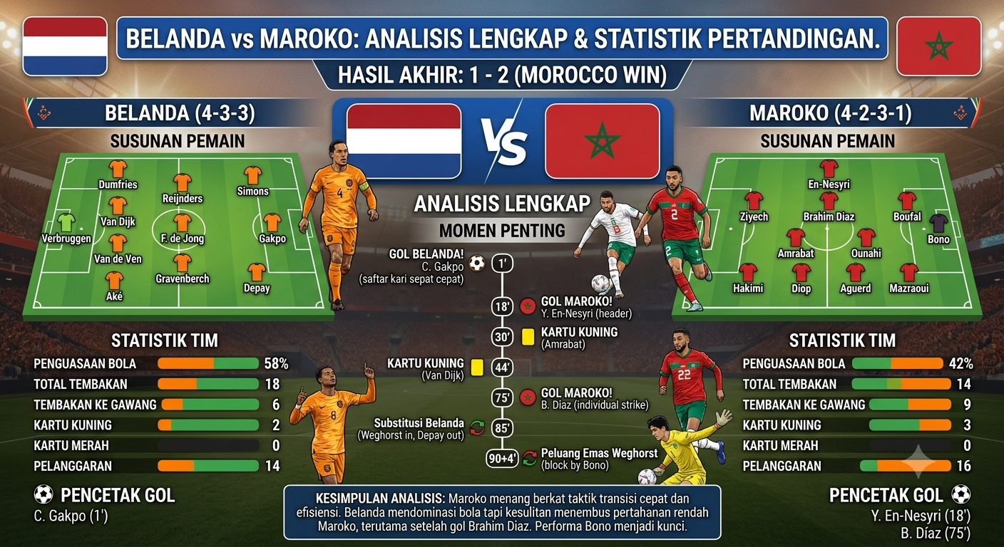Belanda vs Maroko: Statistik Pertandingan, Susunan Pemain, dan Analisis Lengkap