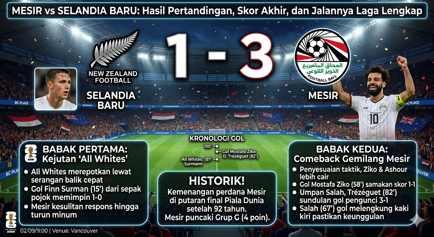 # Mesir vs Selandia Baru: Hasil Pertandingan, Skor Akhir, dan Jalannya Laga Lengkap **Mesir vs Selandia Baru** menjadi salah satu pertandingan yang menarik perhatian para pecinta sepak bola internasional. Pertemuan dua tim dari benua berbeda ini menghadirkan duel menarik antara gaya permainan khas Afrika yang dimiliki Mesir dan karakter sepak bola Oseania yang diperlihatkan Selandia Baru. Sejak peluit awal dibunyikan, kedua tim menunjukkan semangat tinggi untuk meraih kemenangan dan membuktikan kualitas mereka di panggung internasional. Dalam pertandingan yang berlangsung sengit tersebut, Mesir berhasil menunjukkan dominasinya melalui permainan yang lebih terorganisasi dan efektif. Sementara itu, Selandia Baru memberikan perlawanan yang tidak kalah menarik dengan mengandalkan kecepatan dan permainan kolektif mereka. Berikut ulasan lengkap mengenai hasil pertandingan, skor akhir, serta jalannya laga Mesir vs Selandia Baru. ## Hasil Akhir Mesir vs Selandia Baru Pertandingan berakhir dengan kemenangan **Mesir 2-0 atas Selandia Baru**. Dua gol yang dicetak oleh tim berjuluk The Pharaohs menjadi pembeda dalam pertandingan yang berlangsung selama 90 menit tersebut. Kemenangan ini menjadi hasil positif bagi Mesir yang sedang berupaya meningkatkan performa mereka dalam berbagai ajang internasional. Di sisi lain, Selandia Baru harus menerima kekalahan meskipun telah memberikan perlawanan yang cukup baik sepanjang pertandingan. ### Skor Akhir **Mesir 2-0 Selandia Baru** Pencetak gol: * Gol pertama Mesir pada babak pertama. * Gol kedua Mesir pada babak kedua. Hasil tersebut menunjukkan efektivitas Mesir dalam memanfaatkan peluang yang mereka ciptakan sepanjang pertandingan. ## Jalannya Pertandingan Babak Pertama Sejak menit awal, Mesir langsung mengambil inisiatif serangan. Mereka mencoba mengontrol permainan melalui penguasaan bola yang baik dan distribusi umpan yang cepat dari lini tengah. Selandia Baru memilih bermain lebih sabar dengan mengandalkan pertahanan yang rapat serta sesekali melancarkan serangan balik cepat. Strategi tersebut sempat membuat lini belakang Mesir harus bekerja keras untuk mengantisipasi pergerakan para pemain depan lawan. Pada menit-menit awal, Mesir menciptakan beberapa peluang melalui kombinasi permainan di sisi sayap. Kecepatan para pemain mereka berhasil membuka ruang di area pertahanan Selandia Baru. Tekanan yang terus diberikan akhirnya membuahkan hasil. Mesir berhasil mencetak gol pembuka setelah memanfaatkan kesalahan kecil di lini belakang Selandia Baru. Tendangan keras dari dalam kotak penalti tidak mampu dihentikan oleh penjaga gawang lawan. Gol tersebut membuat Mesir unggul 1-0. Setelah tertinggal, Selandia Baru mencoba meningkatkan intensitas serangan. Mereka beberapa kali mendapatkan peluang melalui bola mati dan umpan silang dari sisi lapangan. Namun hingga babak pertama berakhir, skor tetap bertahan 1-0 untuk keunggulan Mesir. ## Jalannya Pertandingan Babak Kedua Memasuki babak kedua, Selandia Baru tampil lebih agresif. Mereka mencoba menekan pertahanan Mesir sejak awal untuk mencari gol penyama kedudukan. Beberapa peluang berhasil diciptakan, tetapi penyelesaian akhir yang kurang maksimal membuat usaha mereka belum membuahkan hasil. Di sisi lain, Mesir tetap bermain tenang dan fokus menjalankan strategi yang telah disiapkan. Mereka lebih banyak menunggu kesempatan untuk melakukan serangan balik cepat. Strategi tersebut terbukti efektif. Pada pertengahan babak kedua, Mesir berhasil mencetak gol kedua melalui sebuah serangan yang dibangun dengan sangat baik. Kombinasi umpan pendek yang rapi membuat pertahanan Selandia Baru kesulitan mengantisipasi pergerakan para pemain Mesir. Gol kedua tersebut membuat skor berubah menjadi 2-0. Setelah unggul dua gol, Mesir lebih banyak mengontrol tempo permainan. Mereka menjaga penguasaan bola dan memaksa Selandia Baru berlari mengejar permainan. Hingga peluit panjang dibunyikan, tidak ada tambahan gol yang tercipta. Mesir pun mengamankan kemenangan dengan skor 2-0. ## Statistik Pertandingan Mesir vs Selandia Baru Statistik pertandingan menunjukkan keunggulan Mesir dalam beberapa aspek penting. ### Penguasaan Bola Mesir tampil dominan dengan penguasaan bola yang lebih baik dibandingkan Selandia Baru. Keunggulan ini membantu mereka mengontrol jalannya pertandingan dan menciptakan lebih banyak peluang berbahaya. ### Jumlah Peluang Mesir berhasil menciptakan lebih banyak peluang sepanjang pertandingan. Serangan yang dibangun secara terorganisasi membuat mereka beberapa kali mengancam gawang lawan. ### Efektivitas Penyelesaian Akhir Salah satu faktor utama kemenangan Mesir adalah efektivitas dalam memanfaatkan peluang. Dari sejumlah kesempatan yang didapatkan, mereka mampu mengonversi dua peluang menjadi gol. ### Pertahanan Lini belakang Mesir tampil disiplin dan mampu meredam berbagai upaya serangan Selandia Baru. Konsentrasi yang terjaga sepanjang laga menjadi salah satu kunci keberhasilan mereka menjaga clean sheet. ## Faktor Kemenangan Mesir ### 1. Penguasaan Bola yang Dominan Mesir mampu mengontrol permainan sejak awal hingga akhir pertandingan. Kemampuan mereka dalam menjaga penguasaan bola membuat Selandia Baru kesulitan mengembangkan permainan. ### 2. Organisasi Permainan yang Baik Koordinasi antarlini berjalan sangat baik. Pemain bertahan, gelandang, dan penyerang mampu menjalankan peran masing-masing dengan efektif. ### 3. Penyelesaian Akhir yang Efektif Mesir tidak membuang banyak peluang. Mereka berhasil memanfaatkan kesempatan yang ada untuk mencetak gol penting. ### 4. Pertahanan Solid Lini belakang Mesir tampil disiplin dan jarang memberikan ruang kepada para pemain depan Selandia Baru. ## Evaluasi Permainan Selandia Baru Meskipun kalah, Selandia Baru menunjukkan beberapa hal positif dalam pertandingan ini. ### Semangat Juang Tinggi Para pemain Selandia Baru tetap berusaha memberikan perlawanan hingga menit akhir pertandingan. ### Serangan Balik yang Berbahaya Beberapa kali mereka mampu menciptakan peluang melalui transisi cepat dari bertahan ke menyerang. ### Organisasi Tim yang Cukup Baik Selandia Baru tampil cukup terorganisasi meskipun menghadapi lawan yang memiliki kualitas individu lebih baik. ### Penyelesaian Akhir Perlu Ditingkatkan Salah satu kelemahan terbesar mereka dalam pertandingan ini adalah kurang efektifnya penyelesaian akhir. Peluang yang tercipta gagal dikonversi menjadi gol. ## Pemain yang Tampil Menonjol ### Pemain Terbaik Mesir Beberapa pemain Mesir tampil sangat baik dan memberikan kontribusi besar terhadap kemenangan tim. Mereka tidak hanya aktif dalam menyerang, tetapi juga membantu menjaga keseimbangan permainan. ### Pemain Menonjol Selandia Baru Meskipun timnya kalah, beberapa pemain Selandia Baru tetap menunjukkan performa yang patut diapresiasi. Mereka bekerja keras sepanjang pertandingan dan berusaha menjaga peluang tim untuk bangkit. ## Dampak Kemenangan bagi Mesir Kemenangan ini memberikan sejumlah manfaat bagi Mesir, antara lain: * Meningkatkan kepercayaan diri tim. * Menambah catatan positif dalam pertandingan internasional. * Menjadi modal penting untuk laga berikutnya. * Membantu memperkuat posisi dalam peringkat internasional. Hasil ini juga menunjukkan bahwa Mesir masih menjadi salah satu tim yang patut diperhitungkan di level internasional. ## Pelajaran Berharga bagi Selandia Baru Bagi Selandia Baru, kekalahan ini dapat menjadi bahan evaluasi yang penting. Beberapa aspek yang perlu diperbaiki antara lain: * Efektivitas serangan. * Penyelesaian akhir. * Kemampuan mempertahankan konsentrasi selama 90 menit. Dengan melakukan perbaikan pada sektor-sektor tersebut, Selandia Baru berpeluang tampil lebih baik pada pertandingan berikutnya. ## Kesimpulan Pertandingan **Mesir vs Selandia Baru** berlangsung menarik dan menghadirkan persaingan yang cukup sengit. Mesir berhasil menunjukkan kualitas permainan yang lebih baik dan mengamankan kemenangan dengan skor **2-0**. Dominasi penguasaan bola, efektivitas dalam mencetak gol, serta pertahanan yang solid menjadi faktor utama keberhasilan Mesir meraih kemenangan. Di sisi lain, Selandia Baru tetap menunjukkan semangat juang tinggi meskipun belum mampu memanfaatkan peluang yang mereka miliki. Hasil ini menjadi modal berharga bagi Mesir untuk menghadapi pertandingan berikutnya, sementara Selandia Baru dapat menjadikan laga ini sebagai bahan evaluasi untuk meningkatkan performa mereka di masa mendatang. Dengan kualitas yang dimiliki kedua tim, pertemuan berikutnya tentu akan kembali menarik untuk disaksikan oleh para penggemar sepak bola dunia.