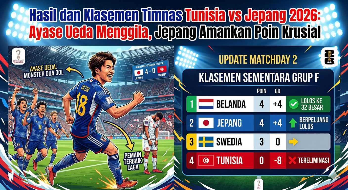 Hasil dan Klasemen Timnas Tunisia vs Jepang 2026: Ayase Ueda Menggila, Jepang Amankan Poin Krusial