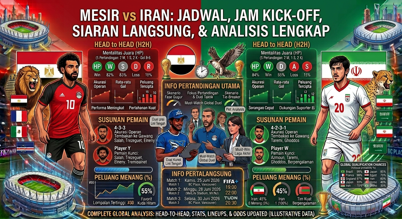 # Mesir vs Iran: Jadwal Pertandingan, Jam Kick-Off, Siaran Langsung, dan Analisis Lengkap ## Jadwal Mesir vs Iran Jadi Sorotan Penggemar Sepak Bola **Mesir vs Iran** menjadi salah satu pertandingan internasional yang paling dinantikan oleh pecinta sepak bola. Duel ini mempertemukan dua tim nasional yang memiliki sejarah panjang dan prestasi membanggakan di kawasan masing-masing. Mesir merupakan salah satu kekuatan utama di Afrika, sedangkan Iran dikenal sebagai tim papan atas Asia yang konsisten tampil kompetitif di berbagai ajang internasional. Selain menjadi pertandingan bergengsi, laga ini juga menjadi kesempatan bagi kedua pelatih untuk mengevaluasi strategi, menguji kombinasi pemain, serta meningkatkan kesiapan tim menghadapi kompetisi resmi berikutnya. Tak heran jika banyak penggemar mencari informasi mengenai jadwal pertandingan, jam kick-off, siaran langsung, susunan pemain, hingga analisis kekuatan kedua tim. Dalam artikel ini akan dibahas secara lengkap mengenai jadwal Mesir vs Iran, preview pertandingan, performa terbaru kedua tim, prediksi susunan pemain, pemain kunci, analisis taktik, hingga prediksi hasil pertandingan. --- # Jadwal Mesir vs Iran Sebelum pertandingan dimulai, penggemar sepak bola tentu ingin mengetahui informasi jadwal secara lengkap. Informasi yang biasanya tersedia meliputi: * Hari pertandingan. * Tanggal pertandingan. * Jam kick-off sesuai zona waktu setempat. * Stadion tempat pertandingan berlangsung. * Jenis pertandingan (persahabatan internasional atau turnamen resmi). * Informasi siaran langsung dan layanan streaming resmi (jika tersedia). Karena jadwal dapat berubah sesuai keputusan penyelenggara, disarankan untuk selalu mengikuti pengumuman resmi dari federasi sepak bola atau penyelenggara kompetisi. --- # Latar Belakang Pertandingan Pertemuan antara Mesir dan Iran menjadi kesempatan penting bagi kedua tim untuk mengukur kemampuan menghadapi lawan dengan gaya bermain yang berbeda. Mesir ingin mempertahankan konsistensi sebagai salah satu tim terbaik Afrika, sedangkan Iran berupaya membuktikan kualitasnya sebagai kekuatan utama di Asia. Laga ini juga menjadi ajang evaluasi terhadap efektivitas strategi serta kesiapan pemain menjelang pertandingan resmi berikutnya. --- # Performa Terbaru Mesir Dalam beberapa tahun terakhir, Mesir tetap menunjukkan performa yang kompetitif di level internasional. Beberapa keunggulan Mesir antara lain: * Pertahanan yang disiplin. * Permainan kolektif yang solid. * Kecepatan dalam melakukan transisi menyerang. * Pengalaman menghadapi lawan-lawan kuat. * Mental bertanding yang baik. Kombinasi pemain berpengalaman dan talenta muda membuat Mesir tetap menjadi tim yang patut diperhitungkan. --- # Performa Terbaru Iran Iran terus mempertahankan konsistensi sebagai salah satu tim nasional terbaik di Asia. Kekuatan utama Iran meliputi: * Organisasi pertahanan yang rapi. * Penguasaan bola yang efektif. * Kedisiplinan taktik. * Permainan fisik yang kuat. * Pengalaman tampil di turnamen internasional. Iran dikenal sebagai tim yang sulit dikalahkan karena memiliki keseimbangan antara lini belakang dan lini depan. --- # Perbandingan Kekuatan Kedua Tim ## Mesir Kelebihan: * Serangan cepat melalui sisi sayap. * Pertahanan yang kokoh. * Efektif memanfaatkan bola mati. * Mobilitas pemain depan yang tinggi. Kekurangan: * Bisa kesulitan menembus pertahanan lawan yang sangat rapat. * Efektivitas penyelesaian akhir perlu konsisten. --- ## Iran Kelebihan: * Organisasi permainan yang disiplin. * Lini tengah yang kuat. * Kemampuan duel udara. * Variasi serangan yang beragam. Kekurangan: * Tekanan tinggi dari lawan dapat mengganggu proses membangun serangan jika tidak diantisipasi dengan baik. --- # Prediksi Susunan Pemain Susunan pemain resmi biasanya diumumkan beberapa saat sebelum pertandingan dimulai. ### Prediksi Mesir Formasi **4-3-3** * Penjaga gawang * Empat pemain bertahan * Tiga gelandang * Tiga penyerang Formasi ini memungkinkan Mesir menyerang melalui kedua sisi lapangan sambil tetap menjaga keseimbangan pertahanan. --- ### Prediksi Iran Formasi **4-2-3-1** * Penjaga gawang * Empat pemain belakang * Dua gelandang bertahan * Tiga gelandang serang * Satu penyerang utama Formasi ini memberi fleksibilitas dalam bertahan maupun menyerang. --- # Pemain yang Berpotensi Menjadi Pembeda ## Mesir Beberapa posisi yang diperkirakan memiliki pengaruh besar terhadap jalannya pertandingan: * Penyerang utama. * Gelandang kreatif. * Bek tengah. * Winger dengan kecepatan tinggi. --- ## Iran Pemain yang diperkirakan menjadi kunci permainan: * Playmaker. * Penyerang tengah. * Gelandang bertahan. * Bek sayap yang aktif membantu serangan. Performa pemain-pemain tersebut dapat menentukan hasil akhir pertandingan. --- # Analisis Taktik ### Strategi Mesir Mesir kemungkinan akan: * Menekan sejak awal pertandingan. * Memanfaatkan kecepatan pemain sayap. * Bermain agresif ketika menguasai bola. * Memanfaatkan situasi bola mati. --- ### Strategi Iran Iran diperkirakan akan: * Bermain lebih disiplin. * Mengontrol lini tengah. * Mengandalkan umpan-umpan langsung ke lini depan. * Menunggu kesempatan melakukan serangan balik. Perbedaan pendekatan tersebut diprediksi membuat pertandingan berlangsung menarik. --- # Faktor Penentu Hasil Pertandingan Beberapa faktor yang diperkirakan akan menentukan hasil pertandingan meliputi: ### 1. Penguasaan Lini Tengah Tim yang mampu mengendalikan lini tengah memiliki peluang lebih besar mengatur tempo permainan. ### 2. Efektivitas Penyelesaian Akhir Peluang yang tercipta harus dimanfaatkan secara maksimal karena pertandingan diprediksi berlangsung ketat. ### 3. Disiplin Bertahan Kesalahan kecil di lini belakang dapat berujung pada gol bagi lawan. ### 4. Bola Mati Tendangan bebas dan sepak pojok berpotensi menjadi sumber peluang berbahaya bagi kedua tim. ### 5. Strategi Pergantian Pemain Keputusan pelatih dalam melakukan rotasi pemain dapat memberikan dampak besar terhadap jalannya pertandingan. --- # Prediksi Jalannya Pertandingan Mesir diperkirakan tampil lebih agresif sejak menit awal dengan mencoba menguasai permainan melalui serangan dari sisi sayap. Sementara itu, Iran kemungkinan memilih bermain lebih sabar sambil menjaga organisasi pertahanan dan memanfaatkan peluang melalui serangan balik maupun bola mati. Apabila salah satu tim berhasil mencetak gol lebih dahulu, pertandingan diperkirakan akan menjadi lebih terbuka dengan intensitas serangan yang meningkat. --- # Prediksi Skor Mesir vs Iran Berdasarkan performa kedua tim, kualitas pemain, serta gaya bermain masing-masing, pertandingan diprediksi berlangsung cukup seimbang. **Prediksi skor akhir:** **Mesir 1-1 Iran** Hasil imbang menjadi prediksi yang realistis mengingat kedua tim memiliki kualitas pertahanan yang baik dan pengalaman bertanding di level internasional. Namun, efektivitas dalam memanfaatkan peluang dapat menjadi pembeda yang menentukan pemenang. --- # Kesimpulan **Mesir vs Iran** diprediksi menjadi salah satu pertandingan internasional yang menarik untuk disaksikan. Kedua tim memiliki kualitas skuad yang seimbang, pengalaman internasional yang luas, serta gaya bermain yang berbeda namun sama-sama efektif. Mesir diperkirakan mengandalkan kecepatan serangan dan permainan kolektif, sedangkan Iran akan mengandalkan organisasi pertahanan yang disiplin serta kekuatan lini tengah. Dengan berbagai faktor tersebut, laga ini berpotensi berlangsung sengit hingga menit-menit terakhir dan menjadi tontonan yang menarik bagi para penggemar sepak bola di seluruh dunia.