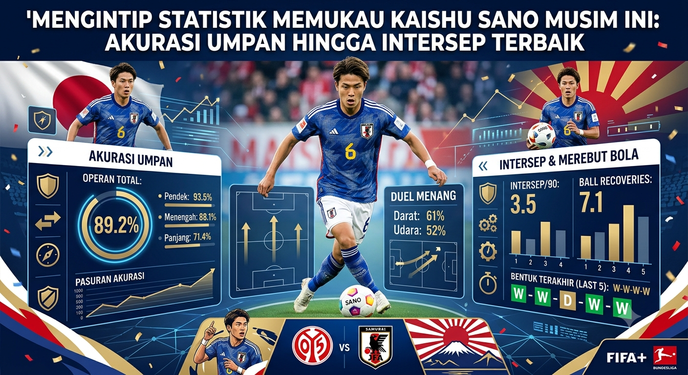 Mengintip Statistik Memukau Kaishu Sano Musim Ini: Akurasi Umpan hingga Intersep Terbaik Dalam sepak bola modern, data dan angka telah menjadi instrumen krusial untuk menilai kontribusi nyata seorang pemain di atas lapangan hijau. Jika Anda hanya melihat cuplikan gol atau asis di media sosial, Anda mungkin akan melewatkan kehebatan sejati dari pahlawan tanpa tanda jasa di lini tengah. Salah satu gelandang jangkar Asia yang statistiknya tengah meroket dan menjadi bahan pembicaraan para analis dunia adalah penggawa Timnas Jepang, Kaishu Sano. Pemain yang kini merambah kerasnya kompetisi Bundesliga Jerman bersama Mainz 05 ini menampilkan grafik performa yang luar biasa. Berperan sebagai jenderal lapangan tengah bertipe defensive midfielder (DMF), peran utamanya bukan sekadar mencetak gol, melainkan menjaga keseimbangan taktik, memutus aliran bola musuh, dan menginisiasi transisi menyerang. Mari kita bedah secara mendalam laporan performa dan statistik Kaishu Sano musim ini, mulai dari persentase akurasi umpan, efektivitas intersep, hingga metrik duel udara yang menjadikannya salah satu jangkar paling potensial di Eropa saat ini. 1. Akurasi Umpan (Passing Accuracy): Sang Metronom yang Presisi Sebagai jenderal lini tengah, kemampuan mendistribusikan bola dengan aman dan akurat adalah syarat mutlak. Sano bertindak sebagai jembatan utama yang mengalirkan bola dari barisan bek tengah menuju lini serang. Berdasarkan data statistik musim ini, Kaishu Sano mencatatkan rata-rata akurasi umpan sebesar 89.2% per pertandingan di liga domestik. Angka ini tergolong sangat impresif mengingat ia bermain di liga dengan intensitas pressing yang sangat tinggi. Berikut adalah rincian statistik distribusi bola Sano musim ini: Kategori Operan Persentase Keberhasilan Catatan Taktis Umpan Pendek (Short Passes) 93.5% Menjaga penguasaan bola di area padat pemain. Umpan Menengah (Medium Passes) 88.1% Mengalirkan bola secara vertikal membelah lini tengah. Umpan Panjang (Long Balls) 71.4% Mengubah arah serangan langsung ke penyerang sayap. Operan ke Sepertiga Akhir 5.8 per 90 menit Menunjukkan peran aktif dalam membantu progresi serangan. Data di atas menunjukkan bahwa Sano memiliki ketenangan luar biasa. Ia tidak hanya piawai melakukan operan aman ke samping (sterile possession), tetapi juga berani melepaskan operan progresif yang mematikan ke lini depan tanpa kehilangan akurasi. 2. Metrik Intersep dan Ball Recoveries: Tembok Berjalan Lini Tengah Jika akurasi umpan menunjukkan kontribusinya saat menguasai bola (in-possession), maka statistik bertahan menunjukkan kapasitasnya sebagai perisai tim (out-of-possession). Statistik Kaishu Sano dalam hal memotong bola (interceptions) dan merebut kembali penguasaan bola (ball recoveries) adalah salah satu yang terbaik di kelasnya. Statistik Bertahan Unggulan: Musim ini, Sano mencatatkan rata-rata 3.5 intersep per 90 menit dan 7.1 ball recoveries per laga. Ia mengandalkan pembacaan posisi (positioning) yang cerdas daripada kekuatan fisik murni. Kelebihan utama Sano adalah ia mampu membaca arah operan lawan satu detik lebih cepat. Alih-alih melakukan tekel meluncur (sliding tackle) yang berisiko melahirkan kartu kuning atau tendangan bebas bagi lawan, Sano lebih sering memutus aliran serangan lewat penempatan posisi badan yang sempurna untuk melakukan intersep bersih. 3. Ketangguhan Duel Udara dan Darat (Duels Won) Banyak pihak sempat meragukan apakah postur tubuh Sano yang setinggi 176 cm mampu bersaing dengan gelandang-gelandang Eropa yang bertubuh kekar dan jangkung. Namun, angka-angka statistik di lapangan membungkam keraguan tersebut. Sano memiliki persentase kemenangan duel darat (ground duels won) sebesar 61%. Ia sangat kuat dalam mempertahankan bola berkat pusat gravitasi tubuh yang rendah dan kontrol bola yang lengket. Sementara untuk duel udara (aerial duels), meski tidak setinggi bek tengah murni, Sano menyiasatinya dengan timing melompat yang sangat akurat, menghasilkan persentase kemenangan duel udara di angka 52%. Angka ini membuktikan bahwa dedikasi fisik dan ketangguhannya di lini tengah tidak bisa dipandang sebelah mata. 4. Efisiensi Transisi dan Pressing Resistance Dalam sepak bola modern yang mengutamakan kecepatan transisi, statistik mengenai seberapa cepat seorang pemain keluar dari tekanan lawan (pressing resistance) menjadi sangat berharga. Metrik Transisi Takti Kaishu Sano: Merebut Bola -> Menahan Tekanan Lawan -> 1-2 Sentuhan -> Bola Progresif ke Depan Sano memiliki catatan kehilangan bola di area sendiri (turnovers) yang sangat minim, yakni hanya 0.6 kali per pertandingan. Saat timnya menerapkan skema counter-pressing (menekan langsung setelah kehilangan bola), Sano menjadi motor utama dengan mencatatkan rata-rata 2.3 tekel sukses di sepertiga tengah lapangan, memaksa lawan melakukan kesalahan distribusi bola. Kesimpulan: Fondasi Gelandang Kelas Dunia Secara keseluruhan, mengintip statistik Kaishu Sano musim ini memberikan kita pemahaman logis mengapa dirinya begitu dihargai oleh tim kepelatihan di klub maupun Timnas Jepang. Angka akurasi umpan yang menyentuh hampir 90%, dikombinasikan dengan rata-rata intersep dan ball recoveries yang masif, menjadi bukti sahih bahwa ia adalah definisi sempurna dari gelandang jangkar modern. Ia tidak hanya bekerja sebagai perusak permainan lawan, melainkan juga bertindak sebagai dirigen cerdas yang memastikan sirkulasi bola timnya berjalan harmonis dan aman. Jika Sano mampu mempertahankan konsistensi statistik memukau ini, tinggal menunggu waktu saja bagi dirinya untuk dilirik oleh klub-klub raksasa Eropa yang berlaga di Liga Champions. Performa berbasis data ini menegaskan bahwa Kaishu Sano adalah investasi masa depan yang luar biasa bersinar.