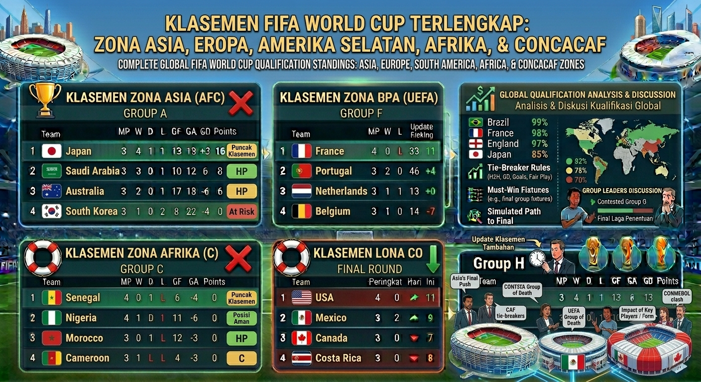 FIFA World Cup Standings Zona Asia, Eropa, Amerika Selatan, Afrika, dan CONCACAF Terlengkap