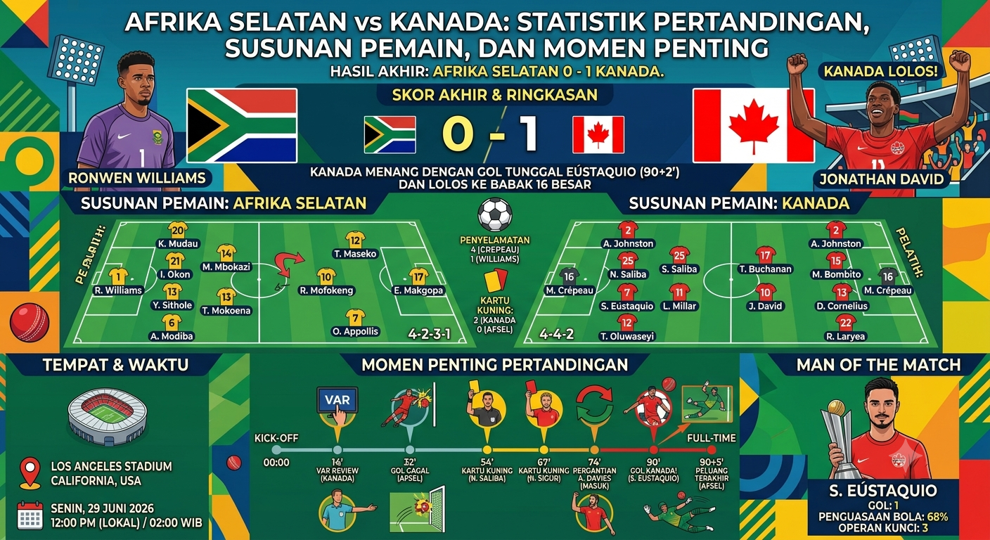 Afrika Selatan vs Kanada: Statistik Pertandingan, Susunan Pemain, dan Momen Penting