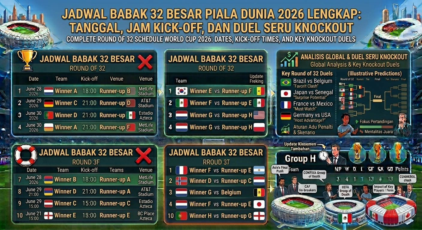 Jadwal 32 Besar Piala Dunia 2026 Lengkap: Tanggal, Jam Kick-off, dan Duel Seru Babak Knockout