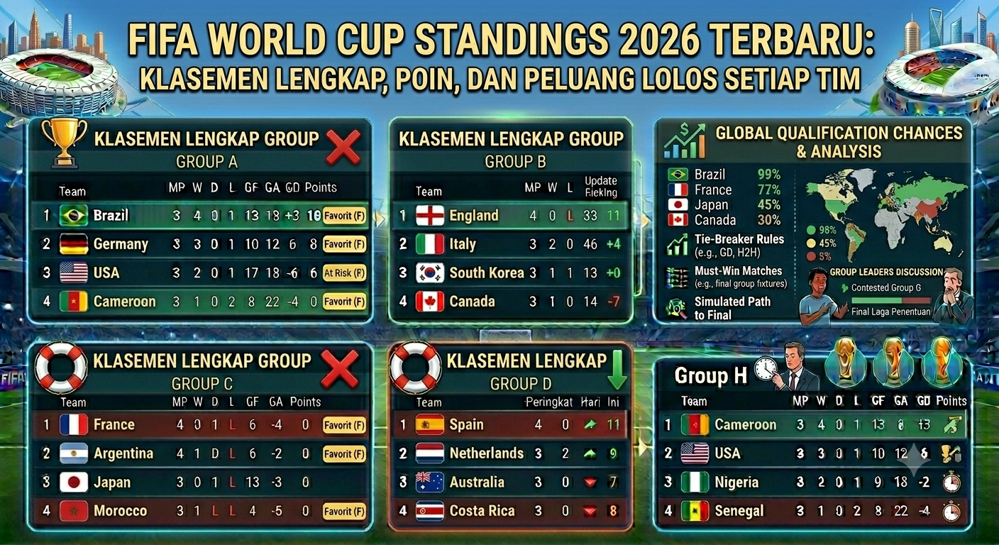 FIFA World Cup Standings 2026 Terbaru: Klasemen Lengkap, Poin, dan Peluang Lolos Setiap Tim