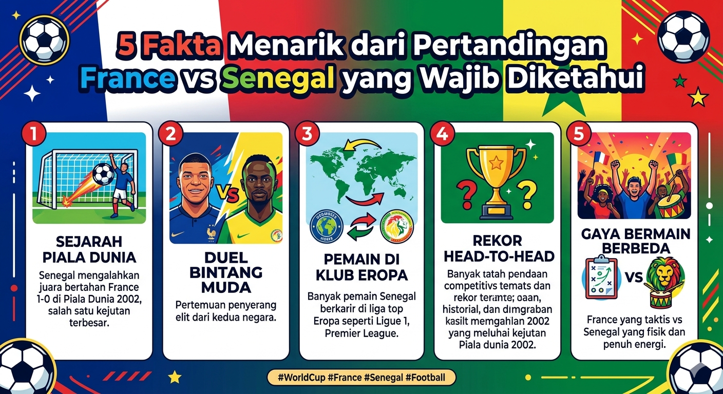 # 5 Fakta Menarik dari Pertandingan France vs Senegal yang Wajib Diketahui ## France vs Senegal Jadi Salah Satu Laga Paling Menarik di Piala Dunia 2026 Pertandingan **France vs Senegal** dalam ajang Piala Dunia 2026 berhasil menyita perhatian jutaan penggemar sepak bola di seluruh dunia. Duel yang mempertemukan salah satu tim unggulan juara dengan wakil kuat Afrika ini menghadirkan pertandingan penuh tensi, strategi, dan aksi menarik sepanjang 90 menit. Prancis berhasil meraih kemenangan dengan skor 3-1 atas Senegal. Namun di balik hasil tersebut, terdapat banyak fakta menarik yang membuat pertandingan ini layak dikenang. Mulai dari dominasi Les Bleus, semangat juang Senegal, hingga dampak hasil pertandingan terhadap klasemen grup. Dalam artikel ini, kita akan membahas **5 fakta menarik dari pertandingan France vs Senegal yang wajib diketahui** oleh para pencinta sepak bola. ## Sekilas Hasil Pertandingan France vs Senegal Sebelum membahas fakta-fakta menarik, berikut ringkasan hasil pertandingan: **Prancis 3-1 Senegal** Kemenangan ini menjadi modal penting bagi Prancis untuk melangkah ke fase berikutnya. Sementara Senegal harus bekerja lebih keras dalam pertandingan berikutnya untuk menjaga peluang lolos. Meski skor menunjukkan dominasi Prancis, jalannya pertandingan sebenarnya berlangsung cukup kompetitif dan menarik untuk disaksikan. ## Fakta Menarik #1: Prancis Kembali Menunjukkan Status Favorit Juara Salah satu fakta paling menarik dari laga ini adalah bagaimana Prancis mampu membuktikan diri sebagai salah satu kandidat kuat juara Piala Dunia 2026. Sejak awal pertandingan, Les Bleus tampil dengan penuh percaya diri. Mereka mendominasi penguasaan bola, menciptakan lebih banyak peluang, dan menunjukkan kualitas permainan yang sangat matang. Banyak pengamat sepak bola menilai bahwa kemenangan atas Senegal menjadi bukti bahwa Prancis memiliki semua elemen yang dibutuhkan untuk bersaing hingga tahap akhir turnamen. Beberapa keunggulan yang terlihat dalam pertandingan ini meliputi: * Organisasi permainan yang rapi * Kualitas individu pemain yang tinggi * Efektivitas serangan * Mental bertanding yang kuat * Kedalaman skuad yang mumpuni Jika mampu mempertahankan performa seperti ini, peluang Prancis untuk melangkah jauh di Piala Dunia 2026 sangat terbuka. ## Fakta Menarik #2: Senegal Memberikan Perlawanan yang Tidak Mudah Meski kalah dengan skor 1-3, Senegal menunjukkan bahwa mereka bukan lawan yang bisa dianggap remeh. Banyak orang mungkin hanya melihat hasil akhir pertandingan. Namun jika menyaksikan jalannya laga secara keseluruhan, Senegal sebenarnya mampu memberikan tekanan yang cukup berarti kepada Prancis. Tim asal Afrika tersebut bermain dengan disiplin dan semangat juang yang tinggi. Beberapa kali Senegal berhasil menciptakan peluang berbahaya melalui serangan balik cepat yang menjadi ciri khas permainan mereka. Gol yang berhasil dicetak Senegal juga menunjukkan bahwa mereka memiliki kualitas untuk bersaing di level tertinggi sepak bola dunia. Fakta ini menjadi bukti bahwa sepak bola Afrika terus berkembang dan mampu memberikan persaingan yang ketat kepada tim-tim besar dunia. ## Fakta Menarik #3: Lini Tengah Prancis Menjadi Kunci Kemenangan Jika ada satu area yang benar-benar menentukan jalannya pertandingan, maka jawabannya adalah lini tengah. Prancis berhasil menguasai lini tengah hampir sepanjang pertandingan. Para gelandang Les Bleus mampu: * Mengontrol tempo permainan * Mengalirkan bola dengan baik * Memutus serangan lawan * Membantu proses menyerang * Menjaga keseimbangan tim Dominasi di lini tengah membuat Senegal kesulitan membangun permainan mereka sendiri. Setiap kali Senegal mencoba menyerang, para pemain Prancis mampu menutup ruang dengan cepat dan merebut kembali penguasaan bola. Banyak analis sepak bola menilai bahwa kemenangan Prancis atas Senegal sebagian besar lahir dari keberhasilan mereka menguasai area paling penting di lapangan tersebut. ## Fakta Menarik #4: Efektivitas Menjadi Pembeda Utama Dalam sepak bola modern, tim yang menciptakan peluang terbanyak belum tentu menang. Yang paling penting adalah kemampuan memanfaatkan peluang tersebut menjadi gol. Pada pertandingan France vs Senegal, aspek ini menjadi pembeda terbesar. Prancis tampil sangat efektif ketika mendapatkan kesempatan. Sebaliknya, Senegal beberapa kali menciptakan peluang yang cukup baik tetapi gagal mengubahnya menjadi gol. Efektivitas Prancis terlihat dari beberapa aspek berikut: ### Penyelesaian Akhir yang Tajam Para pemain depan Prancis mampu memanfaatkan ruang sekecil apa pun untuk mencetak gol. ### Pengambilan Keputusan yang Cepat Saat memasuki area berbahaya, pemain Prancis mengambil keputusan dengan tepat sehingga peluang tidak terbuang sia-sia. ### Kerja Sama Tim yang Baik Gol-gol Prancis lahir dari kombinasi permainan kolektif yang sangat efektif. Inilah yang membuat Les Bleus mampu mencetak tiga gol dan mengamankan kemenangan. ## Fakta Menarik #5: Hasil Ini Berpengaruh Besar terhadap Klasemen Grup Fakta menarik terakhir adalah dampak besar hasil pertandingan terhadap klasemen grup. Dalam turnamen sekelas Piala Dunia, setiap poin memiliki nilai yang sangat penting. Kemenangan atas Senegal memberikan beberapa keuntungan bagi Prancis: ### Tambahan Tiga Poin Tiga poin membuat posisi Prancis semakin kuat dalam persaingan grup. ### Selisih Gol Positif Selain poin, kemenangan dengan margin dua gol juga meningkatkan selisih gol mereka. ### Meningkatkan Kepercayaan Diri Hasil positif membantu membangun mental dan kepercayaan diri tim untuk menghadapi pertandingan berikutnya. Di sisi lain, Senegal harus segera bangkit agar peluang mereka untuk lolos ke fase gugur tetap terbuka. Dengan masih adanya pertandingan tersisa, persaingan di grup dipastikan akan semakin menarik. ## Statistik Menarik dari France vs Senegal Selain lima fakta utama di atas, terdapat beberapa statistik menarik yang patut diperhatikan: ### Penguasaan Bola Prancis lebih dominan dalam mengontrol bola sepanjang pertandingan. ### Jumlah Peluang Les Bleus berhasil menciptakan lebih banyak peluang berbahaya dibandingkan Senegal. ### Akurasi Umpan Permainan umpan pendek Prancis berjalan sangat efektif dan menjadi salah satu kunci kemenangan mereka. ### Serangan Balik Senegal Meski kalah dalam penguasaan bola, Senegal cukup berbahaya saat melakukan transisi menyerang. Statistik ini semakin memperjelas bagaimana pertandingan berlangsung dan mengapa Prancis mampu meraih kemenangan. ## Pemain yang Menjadi Sorotan Pertandingan ini juga menghadirkan sejumlah pemain yang tampil menonjol. ### Bintang Prancis Beberapa pemain Prancis tampil luar biasa dan menjadi motor permainan tim. Kontribusi mereka tidak hanya terlihat dalam gol, tetapi juga dalam proses pembangunan serangan dan penguasaan permainan. ### Pemain Senegal yang Bersinar Meskipun timnya kalah, beberapa pemain Senegal tetap menunjukkan performa yang patut diapresiasi. Kecepatan, determinasi, dan kerja keras mereka membuat pertandingan tetap kompetitif hingga menit terakhir. ## Apa Arti Kemenangan Ini bagi Prancis? Bagi Prancis, kemenangan atas Senegal memiliki arti yang sangat besar. Selain membuka peluang lolos ke babak berikutnya, hasil ini juga mengirimkan pesan kepada para pesaing bahwa Les Bleus datang ke Piala Dunia 2026 dengan target tinggi. Mereka menunjukkan kombinasi yang ideal antara: * Pengalaman * Kualitas individu * Kedisiplinan taktik * Mental juara * Efektivitas permainan Kombinasi tersebut menjadikan Prancis salah satu tim yang paling ditakuti dalam turnamen ini. ## Kesimpulan Pertandingan **France vs Senegal** menghadirkan banyak cerita menarik yang layak dibahas. Dari kemenangan meyakinkan Prancis hingga perlawanan sengit Senegal, laga ini menjadi salah satu pertandingan yang menunjukkan kualitas tinggi sepak bola dunia. Lima fakta menarik yang wajib diketahui adalah: 1. Prancis membuktikan diri sebagai favorit juara. 2. Senegal memberikan perlawanan yang luar biasa. 3. Dominasi lini tengah menjadi kunci kemenangan Les Bleus. 4. Efektivitas serangan menjadi pembeda utama. 5. Hasil pertandingan berdampak besar terhadap klasemen grup. Dengan performa yang ditunjukkan dalam laga ini, Prancis semakin mengukuhkan diri sebagai kandidat kuat juara Piala Dunia 2026. Sementara Senegal masih memiliki peluang untuk bangkit dan menunjukkan kemampuan terbaik mereka pada pertandingan berikutnya. Bagi para pencinta sepak bola, duel France vs Senegal menjadi bukti bahwa Piala Dunia selalu menghadirkan pertandingan penuh drama, kualitas, dan fakta-fakta menarik yang layak untuk dikenang.