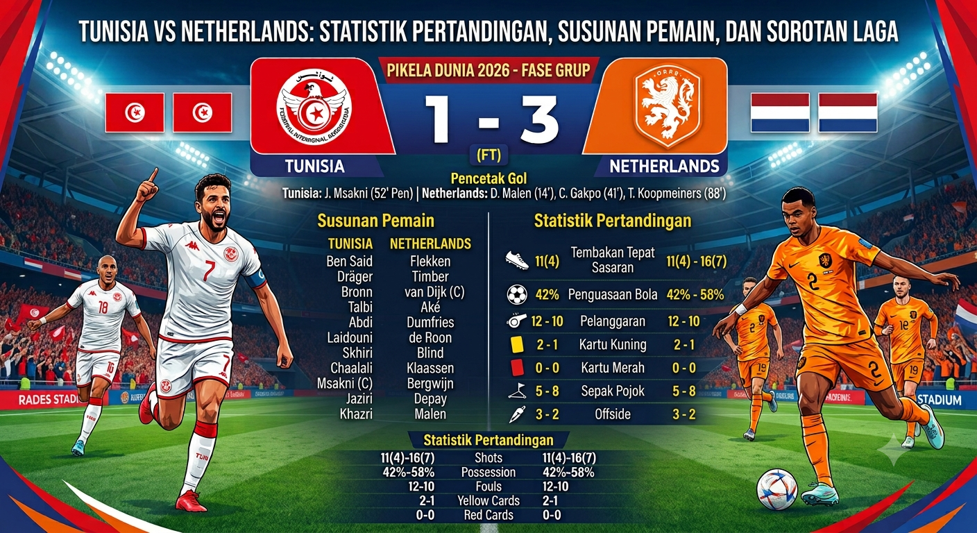 Tunisia vs Netherlands: Statistik Pertandingan, Susunan Pemain, dan Sorotan Laga