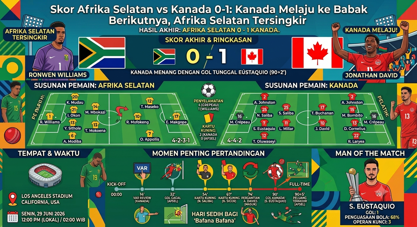 Skor Afrika Selatan vs Kanada 0-1: Kanada Melaju ke Babak Berikutnya, Afrika Selatan Tersingkir