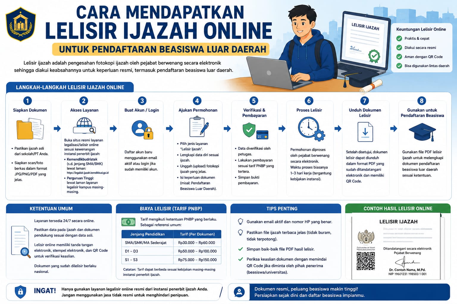 # Cara Mendapatkan Legalisir Ijazah Online untuk Pendaftaran Beasiswa Luar Daerah ## Pentingnya Legalisir Ijazah dalam Pendaftaran Beasiswa Saat mendaftar beasiswa, terutama beasiswa luar daerah, salah satu dokumen yang hampir selalu diminta adalah **ijazah yang telah dilegalisir**. Dokumen ini berfungsi sebagai bukti bahwa ijazah yang digunakan pelamar merupakan salinan resmi yang sesuai dengan dokumen asli. Seiring perkembangan teknologi dan digitalisasi layanan pendidikan, kini banyak sekolah, perguruan tinggi, dan instansi pendidikan yang menyediakan layanan **legalisir ijazah online**. Hal ini sangat membantu calon penerima beasiswa yang tinggal jauh dari sekolah atau kampus asal sehingga tidak perlu datang langsung untuk mengurus legalisasi dokumen. Bagi mahasiswa dan lulusan yang ingin mengikuti program beasiswa di luar daerah, memahami cara mendapatkan legalisir ijazah online menjadi langkah penting agar proses pendaftaran berjalan lancar. Artikel ini akan membahas secara lengkap prosedur, persyaratan, manfaat, serta tips mendapatkan legalisir ijazah online untuk kebutuhan beasiswa. ## Apa Itu Legalisir Ijazah? Legalisir ijazah adalah proses pengesahan salinan ijazah oleh pihak yang berwenang sehingga dokumen tersebut memiliki kekuatan administrasi yang sama dengan dokumen asli untuk keperluan tertentu. Biasanya legalisir dilakukan oleh: * Kepala sekolah. * Wakil kepala sekolah yang ditunjuk. * Rektor perguruan tinggi. * Dekan fakultas. * Bagian akademik kampus. Melalui proses legalisir, instansi penerima dokumen dapat memastikan bahwa salinan ijazah benar-benar sesuai dengan dokumen asli. ## Mengapa Beasiswa Memerlukan Ijazah yang Dilegalisir? Penyelenggara beasiswa menggunakan ijazah legalisir untuk: ### Verifikasi Keaslian Dokumen Dokumen yang telah dilegalisir menunjukkan bahwa data akademik berasal dari sumber resmi. ### Menghindari Pemalsuan Dokumen Legalisasi menjadi salah satu cara untuk mengurangi risiko penggunaan ijazah palsu. ### Memastikan Kesesuaian Data Pihak penyelenggara dapat mencocokkan identitas dan riwayat pendidikan pelamar. ### Memenuhi Persyaratan Administrasi Banyak program beasiswa menjadikan legalisir ijazah sebagai syarat wajib dalam proses seleksi. ## Apa Itu Legalisir Ijazah Online? Legalisir ijazah online adalah layanan pengesahan dokumen yang dilakukan melalui sistem digital tanpa harus datang langsung ke sekolah atau kampus. Dalam proses ini, pemohon biasanya: * Mengunggah dokumen. * Mengisi formulir online. * Melakukan verifikasi data. * Membayar biaya administrasi (jika ada). * Menunggu proses validasi. Hasil legalisir dapat berupa: * Dokumen digital dengan tanda tangan elektronik. * Dokumen cetak yang dikirim melalui jasa ekspedisi. * Sertifikat legalisasi elektronik. ## Keuntungan Mengurus Legalisir Ijazah Secara Online Layanan online memberikan berbagai kemudahan bagi pelamar beasiswa. ### Menghemat Waktu Tidak perlu datang langsung ke sekolah atau kampus. ### Mengurangi Biaya Transportasi Sangat membantu bagi lulusan yang tinggal di luar kota atau luar daerah. ### Proses Lebih Praktis Seluruh tahapan dapat dilakukan dari rumah. ### Mempercepat Pengumpulan Berkas Dokumen dapat segera digunakan untuk pendaftaran beasiswa yang memiliki batas waktu ketat. ## Persyaratan Legalisir Ijazah Online Meskipun setiap institusi memiliki kebijakan berbeda, umumnya persyaratan yang diperlukan meliputi: ### Scan Ijazah Asli Dokumen harus dipindai dengan kualitas yang jelas dan mudah dibaca. ### Kartu Identitas Biasanya berupa: * KTP. * Kartu Pelajar. * Kartu Mahasiswa. ### Formulir Permohonan Diisi melalui sistem online yang disediakan institusi. ### Bukti Pembayaran Jika layanan legalisir dikenakan biaya administrasi. ### Data Kontak Aktif Email dan nomor telepon yang dapat dihubungi selama proses berlangsung. ## Cara Mendapatkan Legalisir Ijazah Online ### 1. Kunjungi Website Resmi Sekolah atau Kampus Langkah pertama adalah mencari informasi pada website resmi institusi pendidikan asal. Biasanya layanan legalisir tersedia pada menu: * Akademik. * Alumni. * Administrasi. * Pelayanan Dokumen. Pastikan menggunakan website resmi untuk menghindari penipuan. ### 2. Buat Akun Jika Diperlukan Beberapa institusi mewajibkan pengguna membuat akun terlebih dahulu. Data yang biasanya diminta meliputi: * Nama lengkap. * Nomor induk siswa atau mahasiswa. * Tahun kelulusan. * Alamat email. ### 3. Isi Formulir Permohonan Lengkapi seluruh data yang diminta dengan benar. Pastikan informasi seperti: * Nama. * Nomor ijazah. * Tahun kelulusan. * Program studi. Sesuai dengan data asli. ### 4. Unggah Dokumen yang Dibutuhkan Siapkan file dalam format yang diminta, biasanya: * PDF. * JPG. * PNG. Pastikan ukuran file sesuai ketentuan sistem. ### 5. Lakukan Pembayaran Jika Ada Beberapa sekolah dan perguruan tinggi mengenakan biaya administrasi legalisir. Pembayaran biasanya dapat dilakukan melalui: * Transfer bank. * Virtual account. * Dompet digital. * Sistem pembayaran kampus. Simpan bukti pembayaran sebagai arsip. ### 6. Tunggu Proses Verifikasi Petugas akademik akan melakukan pemeriksaan terhadap: * Keaslian data. * Kesesuaian identitas. * Validitas dokumen. Proses ini dapat memakan waktu beberapa hari kerja tergantung kebijakan masing-masing institusi. ### 7. Terima Dokumen Legalisir Setelah disetujui, dokumen dapat diterima dalam bentuk: * File digital dengan tanda tangan elektronik. * Dokumen fisik yang dikirim ke alamat pemohon. Pastikan seluruh data sudah benar sebelum digunakan untuk pendaftaran beasiswa. ## Apakah Legalisir Digital Diakui untuk Beasiswa? Saat ini banyak penyelenggara beasiswa telah menerima legalisir digital yang dilengkapi: * QR Code. * Tanda tangan elektronik resmi. * Sertifikat elektronik. * Sistem verifikasi online. Namun demikian, setiap program beasiswa memiliki ketentuan yang berbeda. Karena itu, baca panduan pendaftaran secara teliti untuk memastikan jenis legalisir yang diterima. ## Cara Memastikan Legalisir Online Sah Untuk memastikan legalisir yang diperoleh memiliki validitas resmi, perhatikan beberapa hal berikut: ### Menggunakan Sistem Resmi Institusi Jangan menggunakan jasa pihak ketiga yang tidak memiliki izin resmi. ### Memiliki Tanda Tangan Elektronik Dokumen digital biasanya dilengkapi tanda tangan elektronik yang dapat diverifikasi. ### Terdapat QR Code atau Nomor Verifikasi Kode ini memungkinkan penyelenggara beasiswa memeriksa keaslian dokumen. ### Dikeluarkan oleh Pejabat Berwenang Pastikan legalisir berasal dari pihak yang memiliki kewenangan sesuai aturan institusi. ## Kendala yang Sering Dihadapi Saat Mengurus Legalisir Online Beberapa masalah yang sering muncul antara lain: ### Data Alumni Tidak Ditemukan Biasanya terjadi pada lulusan lama yang belum masuk sistem digital. ### File Dokumen Ditolak Penyebabnya bisa karena ukuran file terlalu besar atau kualitas scan kurang jelas. ### Sistem Sedang Gangguan Layanan online terkadang mengalami pemeliharaan atau kendala teknis. ### Proses Verifikasi Memakan Waktu Terutama saat banyak permohonan masuk dalam periode tertentu. Jika mengalami kendala, segera hubungi bagian akademik atau layanan alumni institusi terkait. ## Tips Mengurus Legalisir untuk Pendaftaran Beasiswa Agar proses berjalan lancar, lakukan beberapa hal berikut: ### Urus Jauh Sebelum Deadline Jangan menunggu mendekati batas akhir pendaftaran beasiswa. ### Siapkan Dokumen Digital Berkualitas Gunakan scanner dengan resolusi yang baik. ### Simpan Salinan File Buat cadangan dokumen di komputer dan penyimpanan cloud. ### Periksa Persyaratan Beasiswa Pastikan jenis legalisir yang diminta sesuai dengan dokumen yang diperoleh. ### Pantau Email Secara Berkala Informasi status permohonan biasanya dikirim melalui email. ## Manfaat Digitalisasi Legalisir bagi Pelamar Beasiswa Digitalisasi layanan legalisir memberikan dampak positif bagi calon penerima beasiswa. Beberapa manfaatnya antara lain: * Proses lebih cepat. * Akses lebih mudah dari berbagai daerah. * Mengurangi biaya administrasi. * Mendukung layanan pendidikan berbasis teknologi. * Mempermudah pendaftaran beasiswa nasional maupun internasional. Bagi pelamar yang berada jauh dari sekolah atau kampus asal, layanan ini menjadi solusi yang sangat membantu. ## Kesimpulan **Cara mendapatkan legalisir ijazah online untuk pendaftaran beasiswa luar daerah** kini semakin mudah berkat layanan digital yang disediakan oleh banyak sekolah dan perguruan tinggi. Dengan mengakses website resmi institusi, mengunggah dokumen yang diperlukan, serta mengikuti prosedur yang berlaku, calon penerima beasiswa dapat memperoleh legalisir tanpa harus datang langsung ke kampus atau sekolah asal. Meskipun prosesnya lebih praktis, pelamar tetap harus memastikan bahwa dokumen legalisir berasal dari sumber resmi dan memenuhi persyaratan yang ditetapkan oleh penyelenggara beasiswa. Dengan persiapan yang matang dan pengurusan sejak jauh hari, proses pendaftaran beasiswa dapat berjalan lebih lancar dan peluang lolos seleksi administrasi menjadi semakin besar.