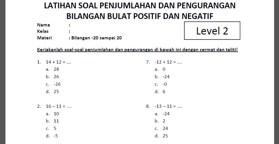 Contoh Soal Bilangan Bulat Positif dan Negatif Kelas 7 SMP
