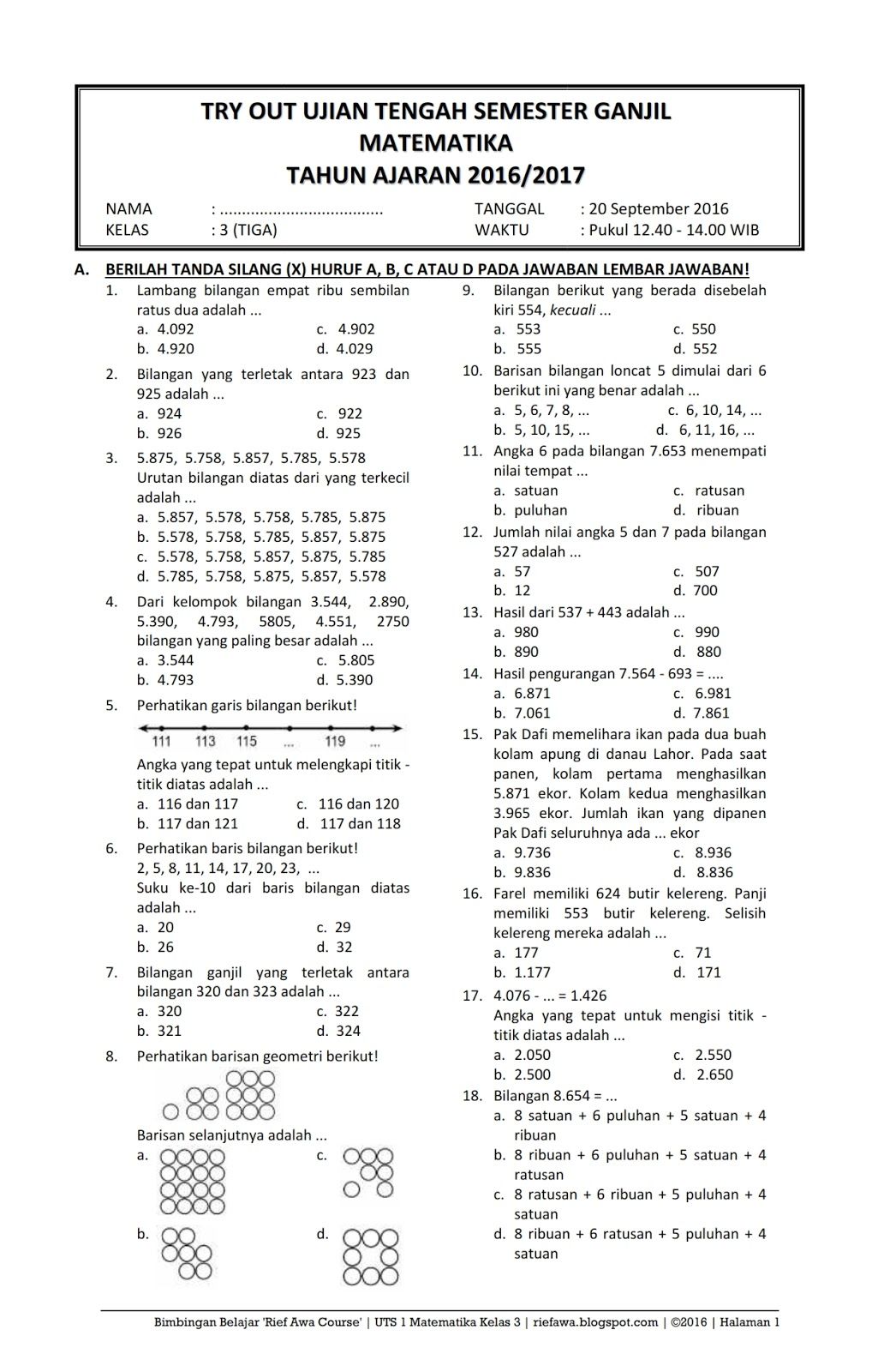 Contoh Soal Matematika Kelas 3 Semester 1 Kunci Jawaban Terupdate