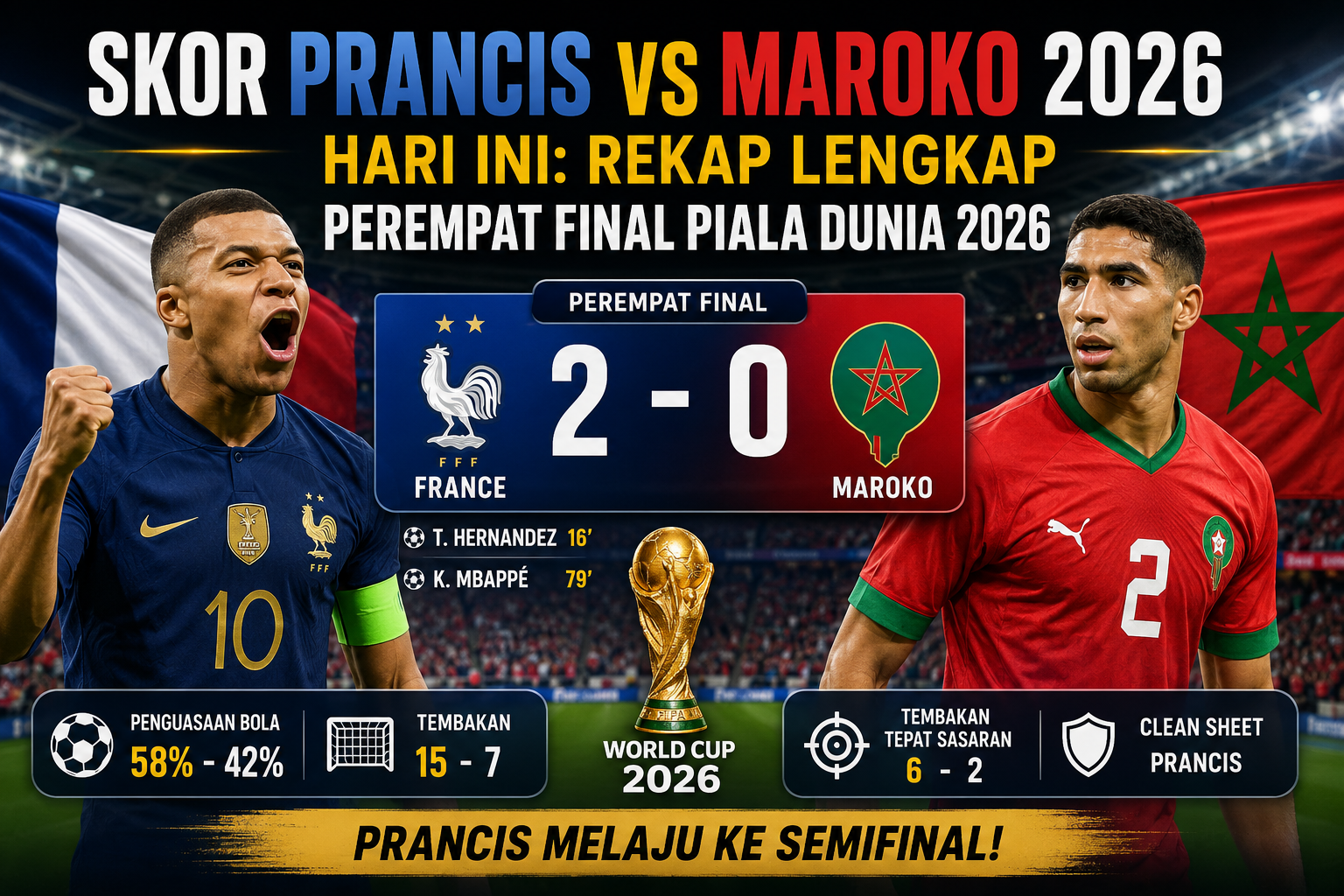 Skor Prancis vs Maroko 2026 Hari Ini: Rekap Lengkap Perempat Final Piala Dunia 2026