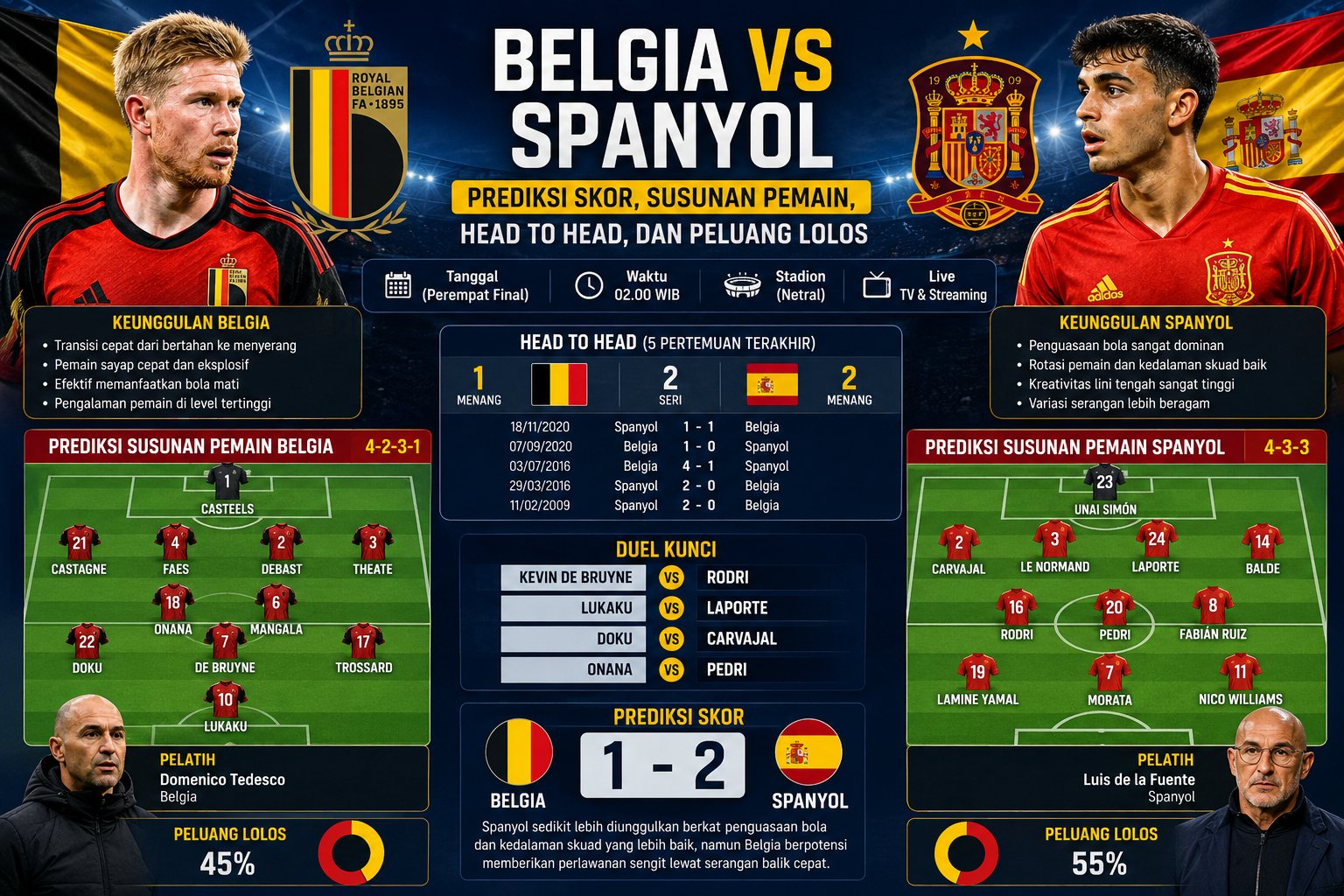 Belgia vs Spanyol: Prediksi Skor, Susunan Pemain, Head to Head, dan Peluang Lolos