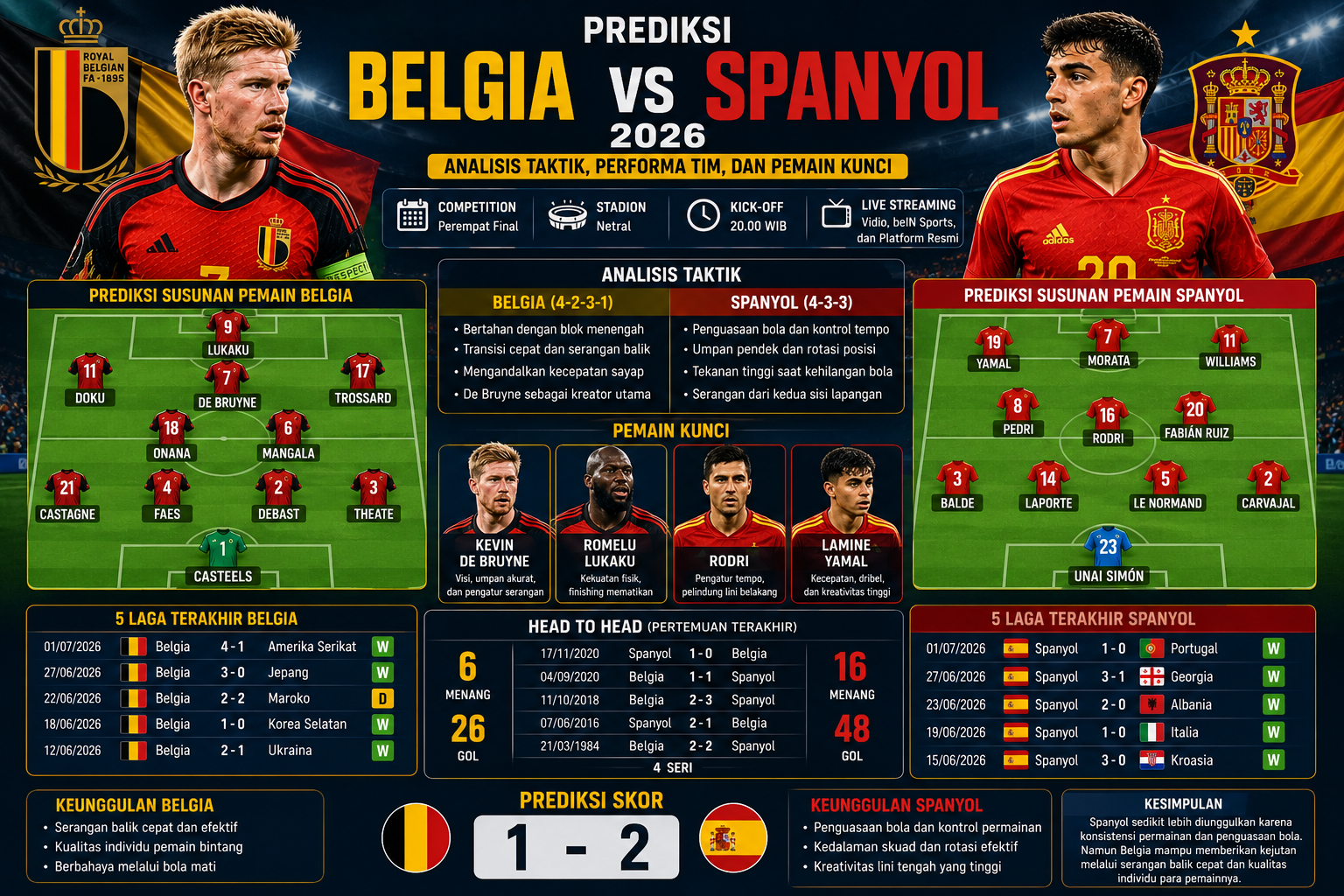 Prediksi Belgia vs Spanyol 2026: Analisis Taktik, Performa Tim, dan Pemain Kunci